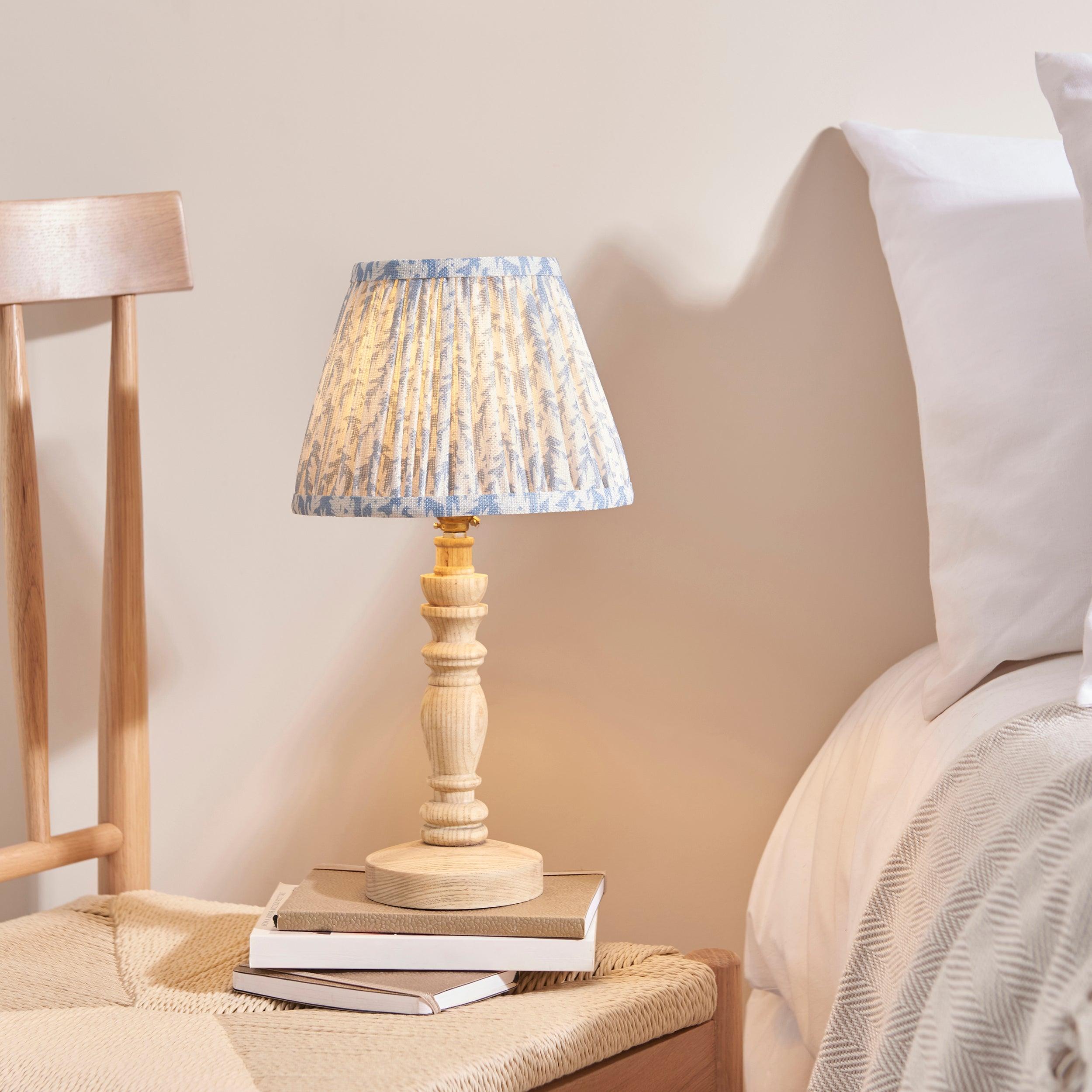 Bibury 20cm Wooden Table Lamp with Leaf Design and Shell Bay Blue Shade - Perfect for Bedroom, Living Room, and Office Decor
