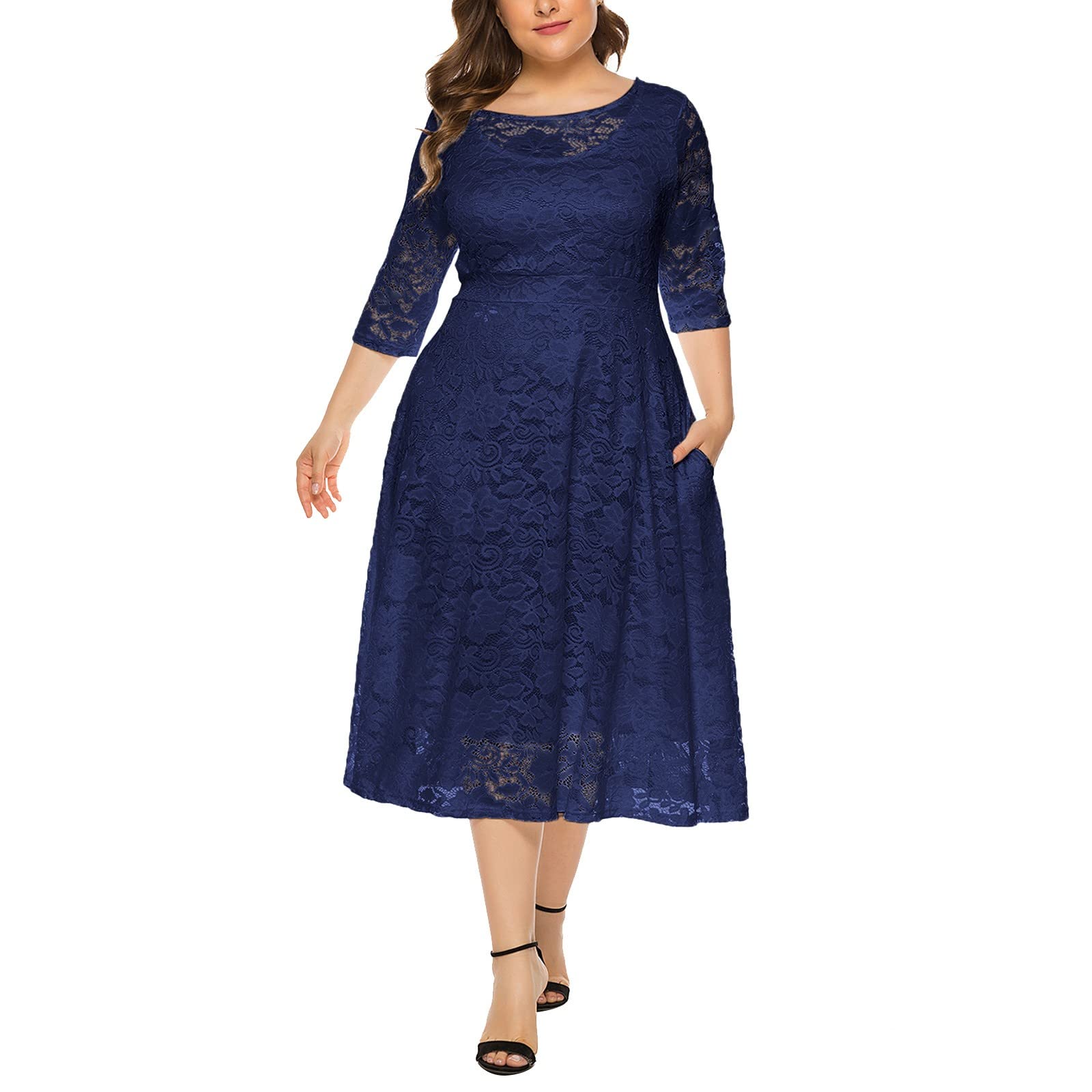 Elegant White Floral Lace Plus Size Midi Dress for Women - Scoop Neck Cocktail Party Dress | Perfect for Weddings, Garden Parties & Special Occasions