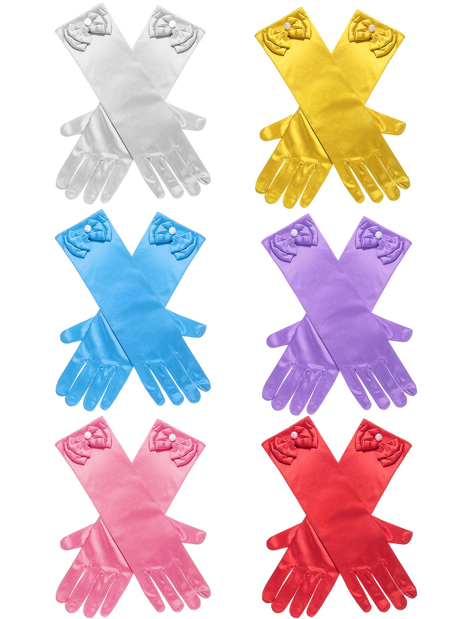 Elegant 6 Pairs Satin Gloves for Women - Long Formal Princess Gloves with Bows for Party, Wedding, Prom, Cosplay & Dress Up (Perfect for Brides, Dancers & Costume Events)