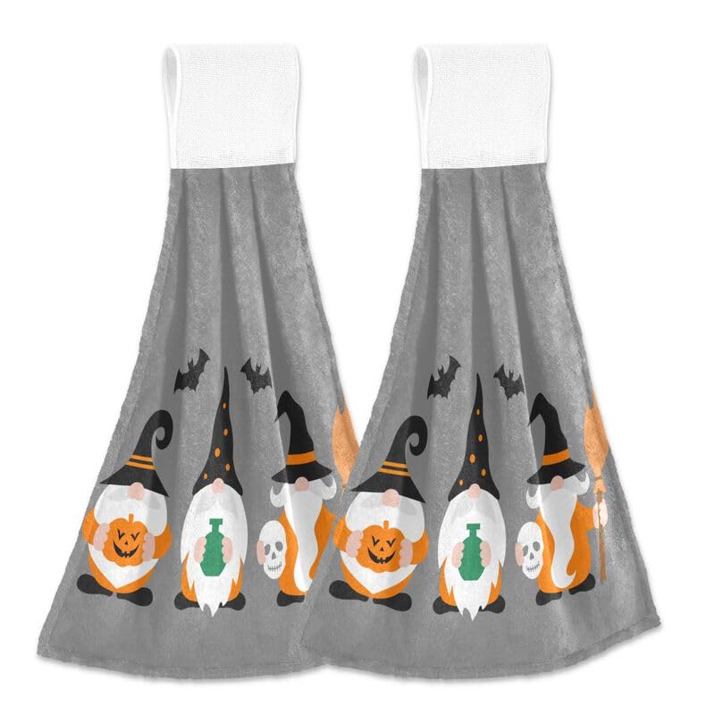 Halloween Gnomes & Bats Hanging Kitchen Towels Set of 2 - Pumpkin Skull Broom Design Absorbent Dish Cloths with Loops for Oven, Stove & Bathroom - Cute Halloween Home Decor for Kitchen, Party & Gift