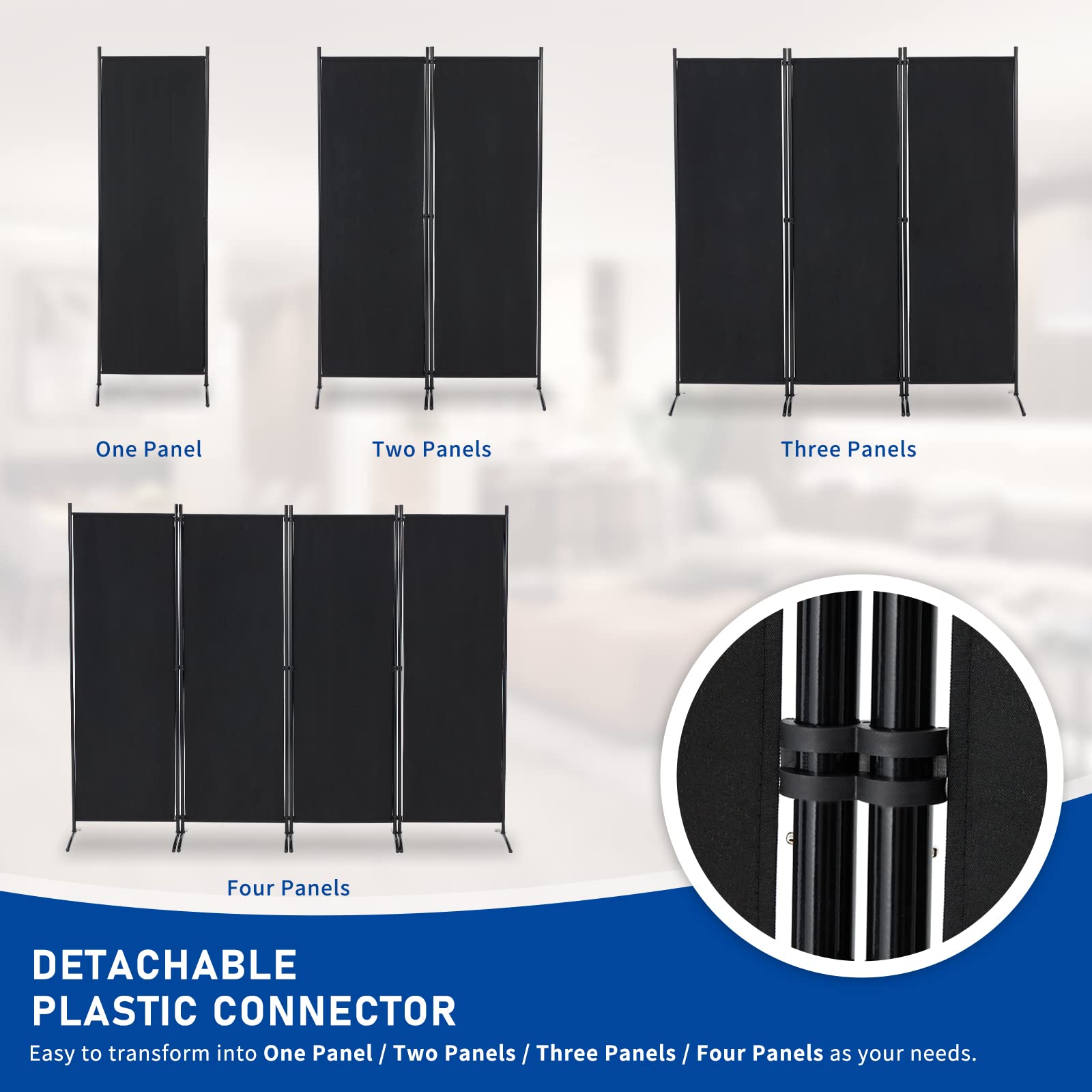 4 Panel Folding Room Divider Privacy Screen - 5.6 FT Freestanding Partition for Office, Bedroom & Study - Portable Space Separator for Home & Office Use - Black