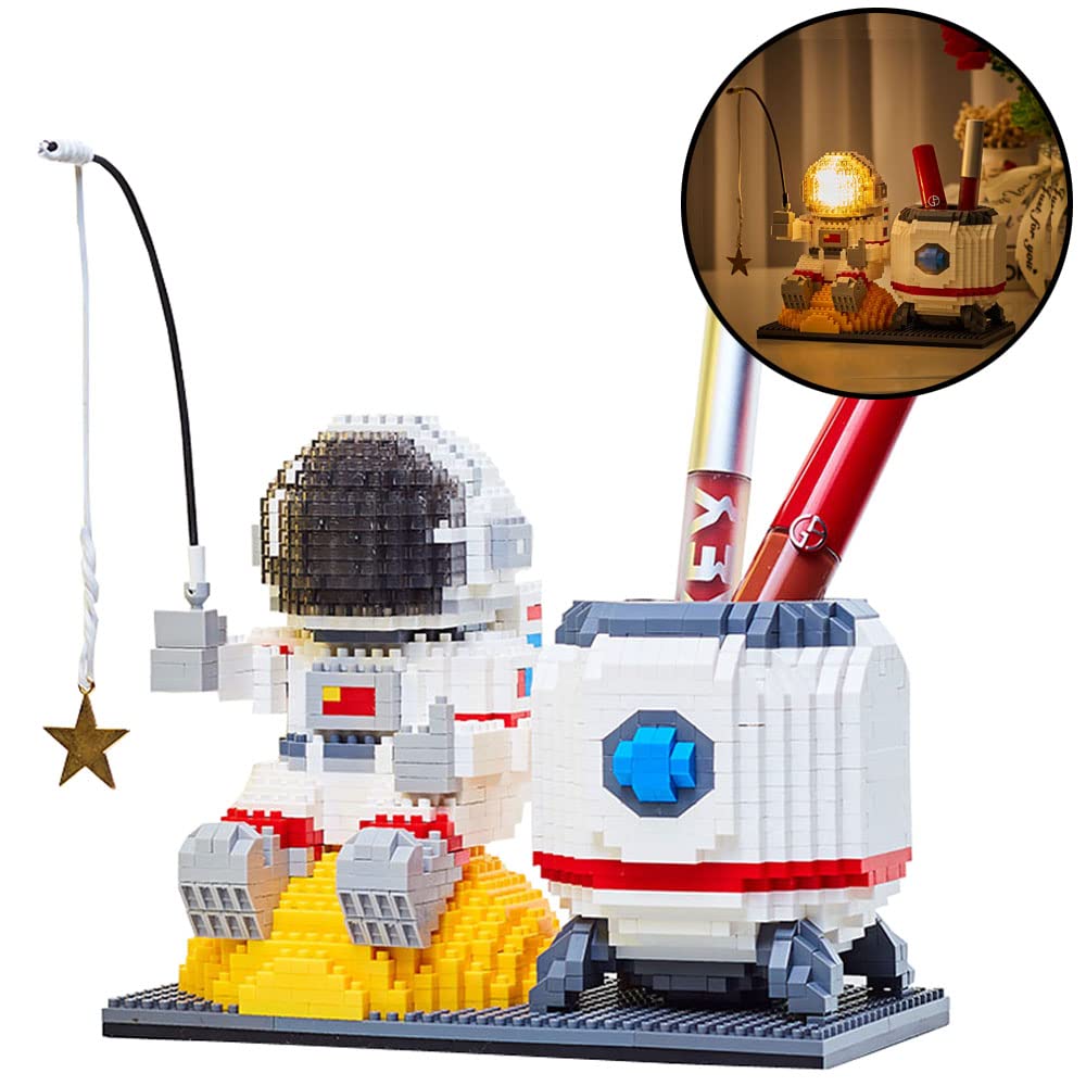 1588PCS Astronaut LED Building Blocks Set - Micro Building Kits for Adults with Light-Up Display - Creative Office Pen Holder & Space-Themed Desk Decor