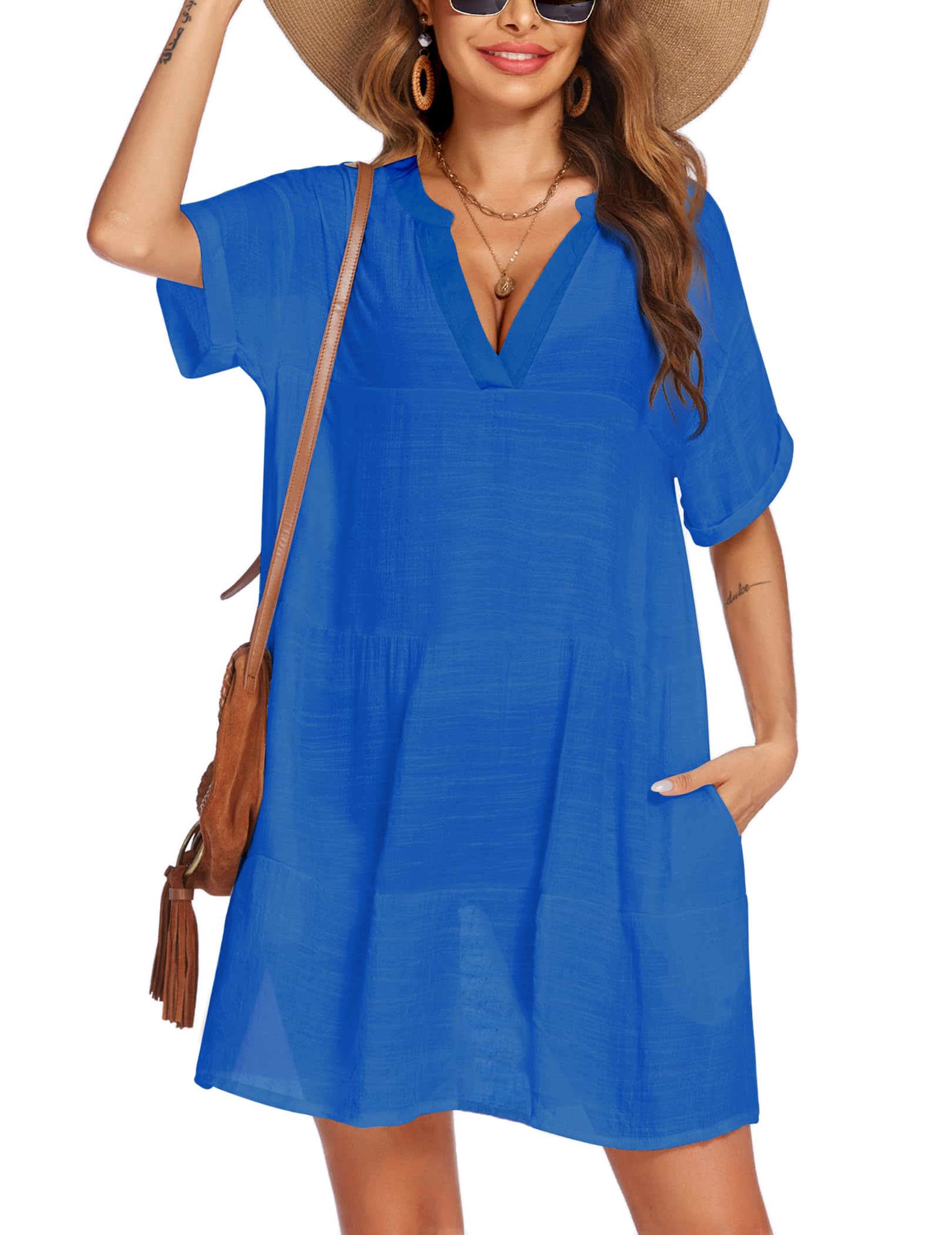 AI'MAGE Women's Swimsuit Cover Up Dress - Lightweight Bikini Beach Coverup with Pockets, A-Line Bathing Suit Dress for Pool, Beach Vacation & Summer Outings