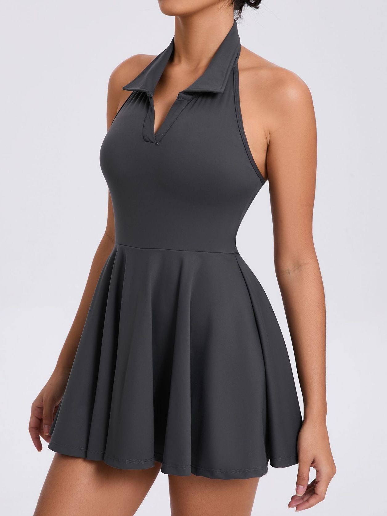 ZASUWA Women's Stand Up Collar Backless 2-in-1 Pocket Short Sleeve Dress for Summer Outfits, Beach Wear, and Casual Occasions