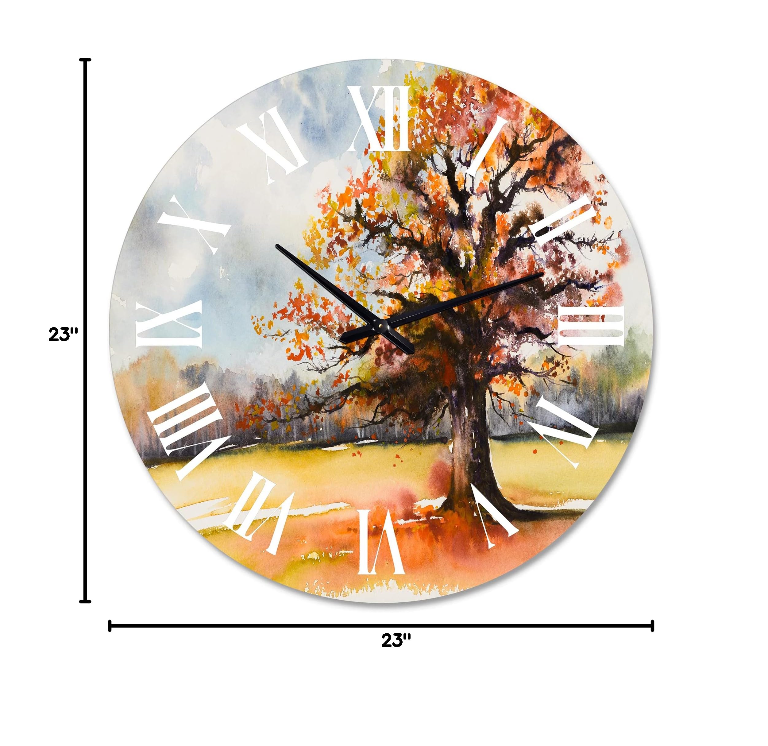DesignQ Traditional Wall Clock - 'Lone Oak in The Fields with Autumn Leaves' Landscape Nature Wall Clock for Home Decor | Large Rustic Wall Clock for Living Room, Bedroom & Office