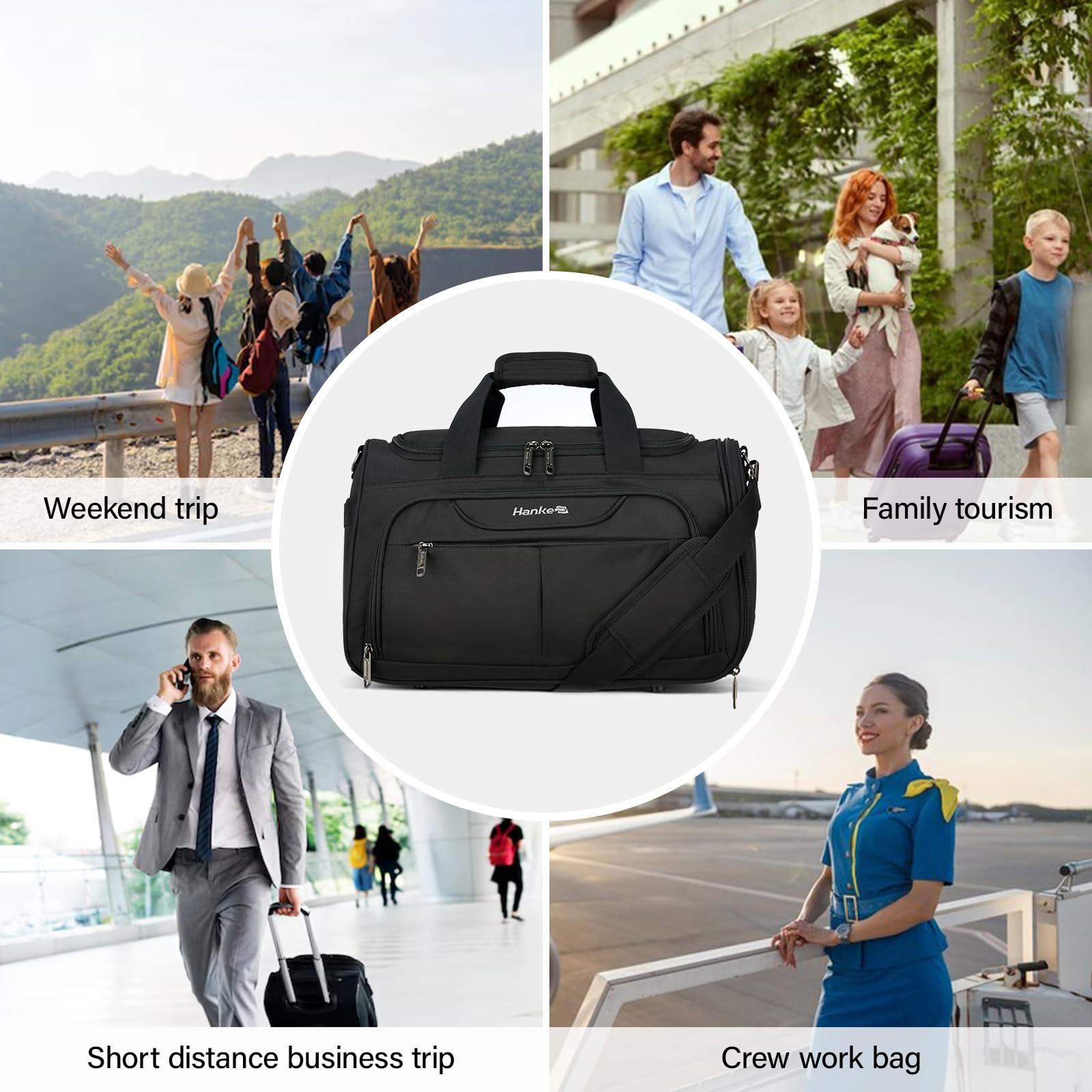 Hanke Foldable Underseat Carry On Luggage Bag - Lightweight Travel Tote for Women & Men, Softside Personal Item Bag for Flight Crew & Overnight Trips | Perfect for Airplane, Train & Bus Travel (Black)