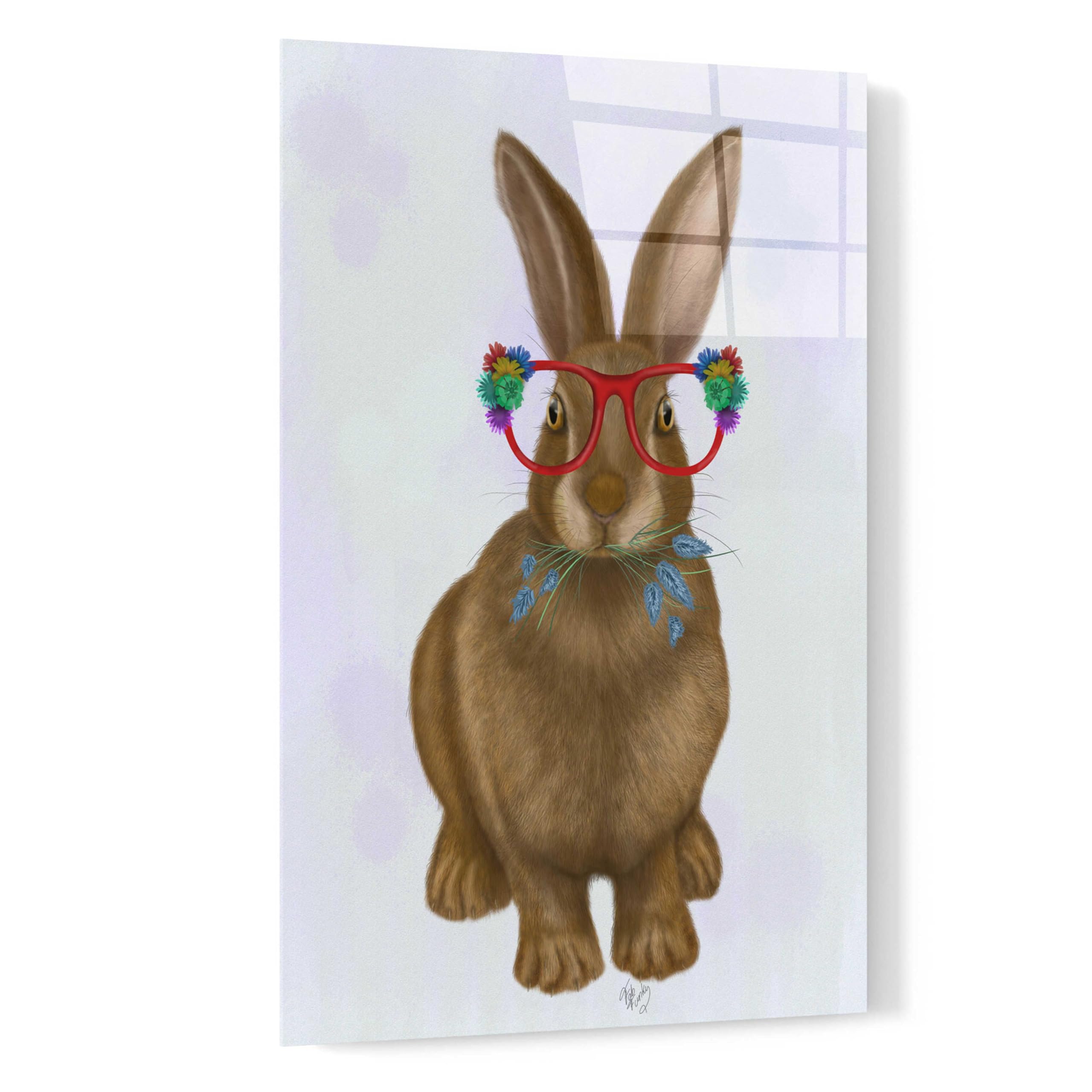 Fab Funky 'Rabbit and Flower Glasses' Acrylic Wall Art - 16x24 Inch Modern Home Decor for Living Room, Bedroom & Office