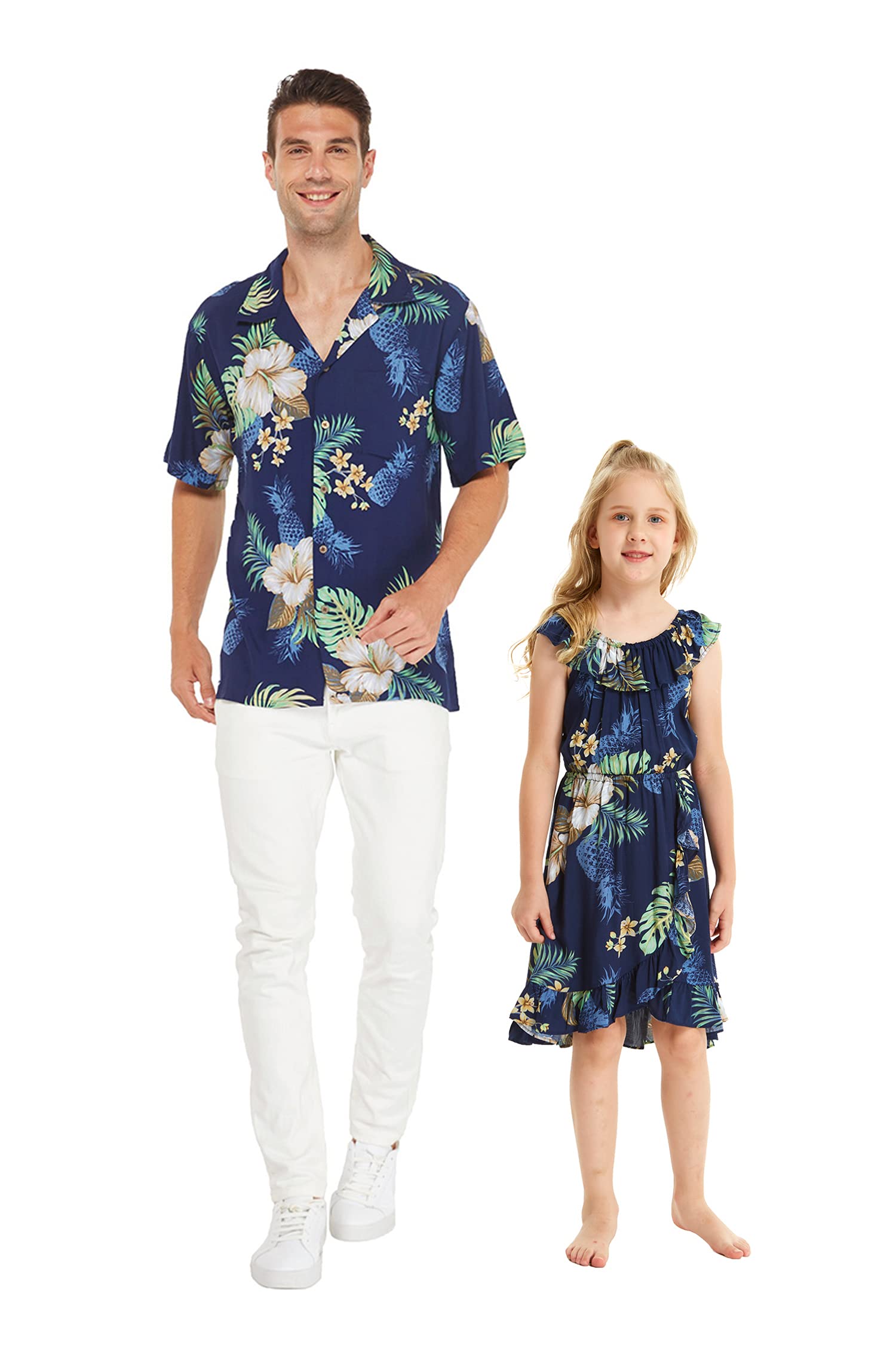 Hawaiian Luau Matching Father Daughter Shirt & Wrap Dress - Pineapple Garden Navy Print | Tropical Family Outfits for Beach Vacations, Summer Parties & Photo Shoots
