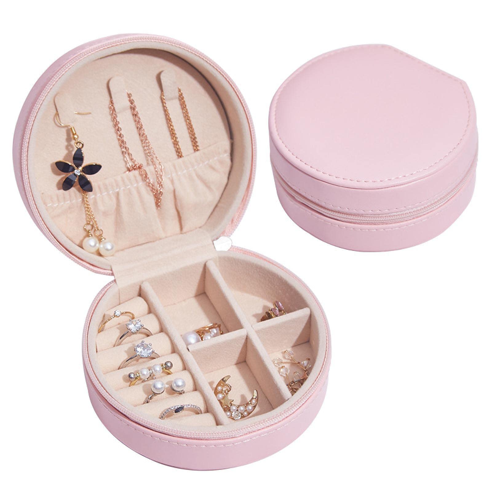 MAMENCHI PU Leather Jewelry Box - Portable Earring Storage Organizer for Women, Small Creative Jewelry Case with Mirror, Light Pink - Perfect for Travel, Home, and Gift Giving