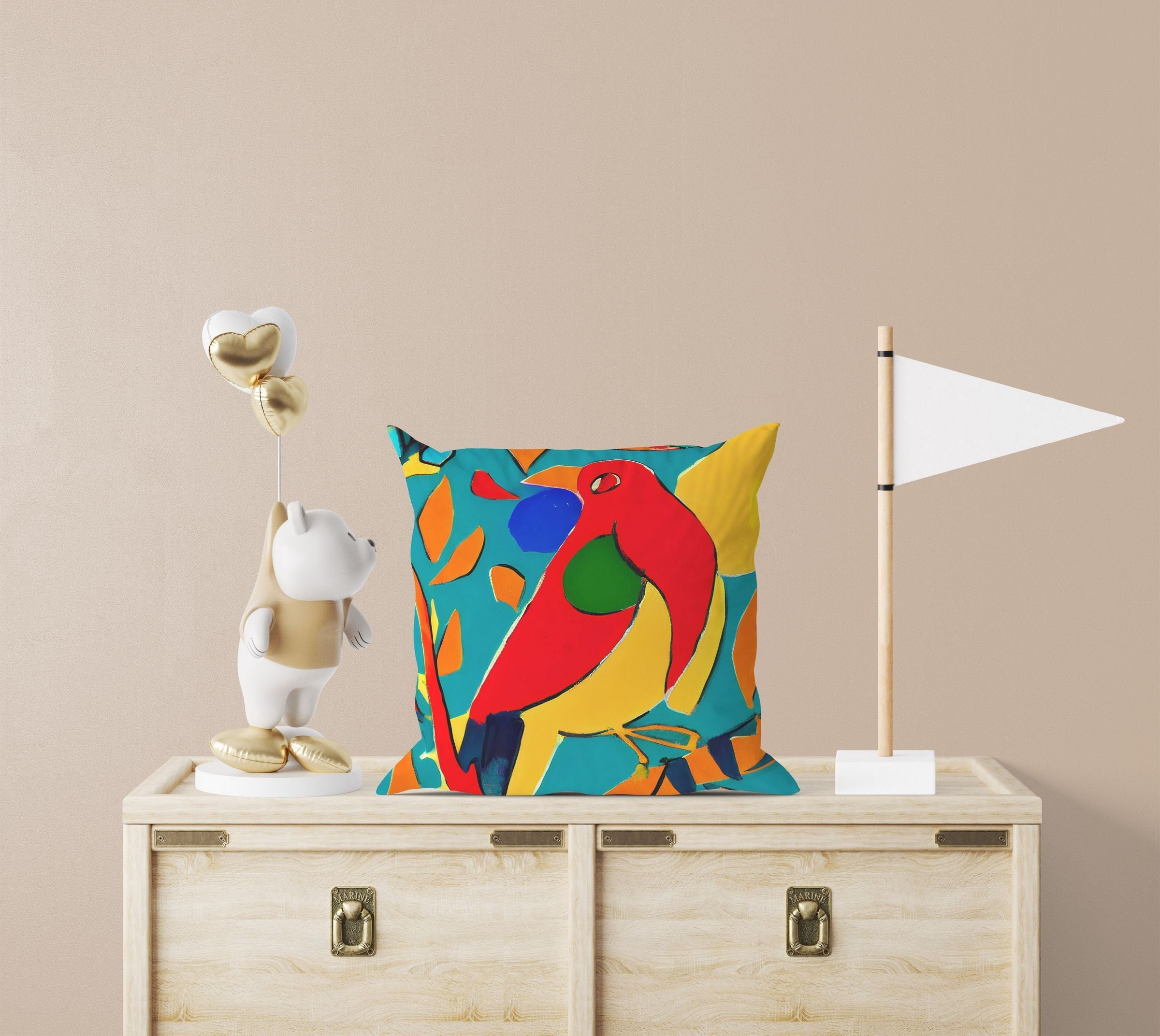 Red Bird Abstract Designer Pillow Case - Colorful 24x24 Inch Decorative Pillow Cover for Playroom, Bedroom & Living Room Decor