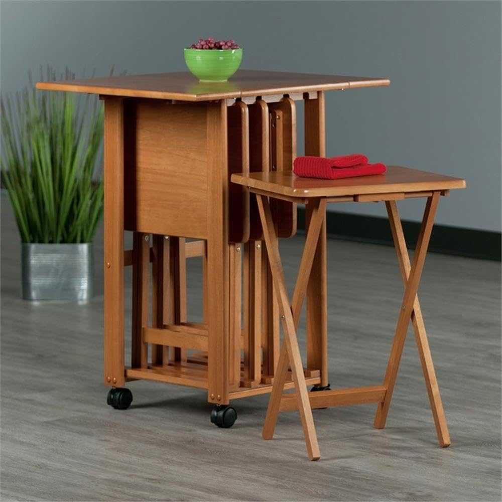 Winsome Sophia 4-Piece Drop Leaf Snack Table Set - Mobile Stand for Living Room, Patio & Outdoor Use - Teak Wood Side Tables - Perfect for Entertaining, Coffee Break & Small Space Dining