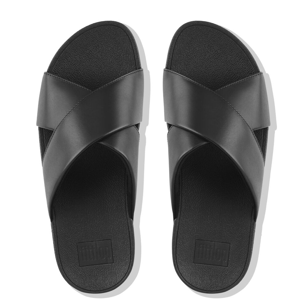 FitFlop Lulu Leather Cross Slide Sandals for Women - Comfortable Black Orthopedic Sandals with Arch Support | Perfect for Walking, Travel & Summer Outfits