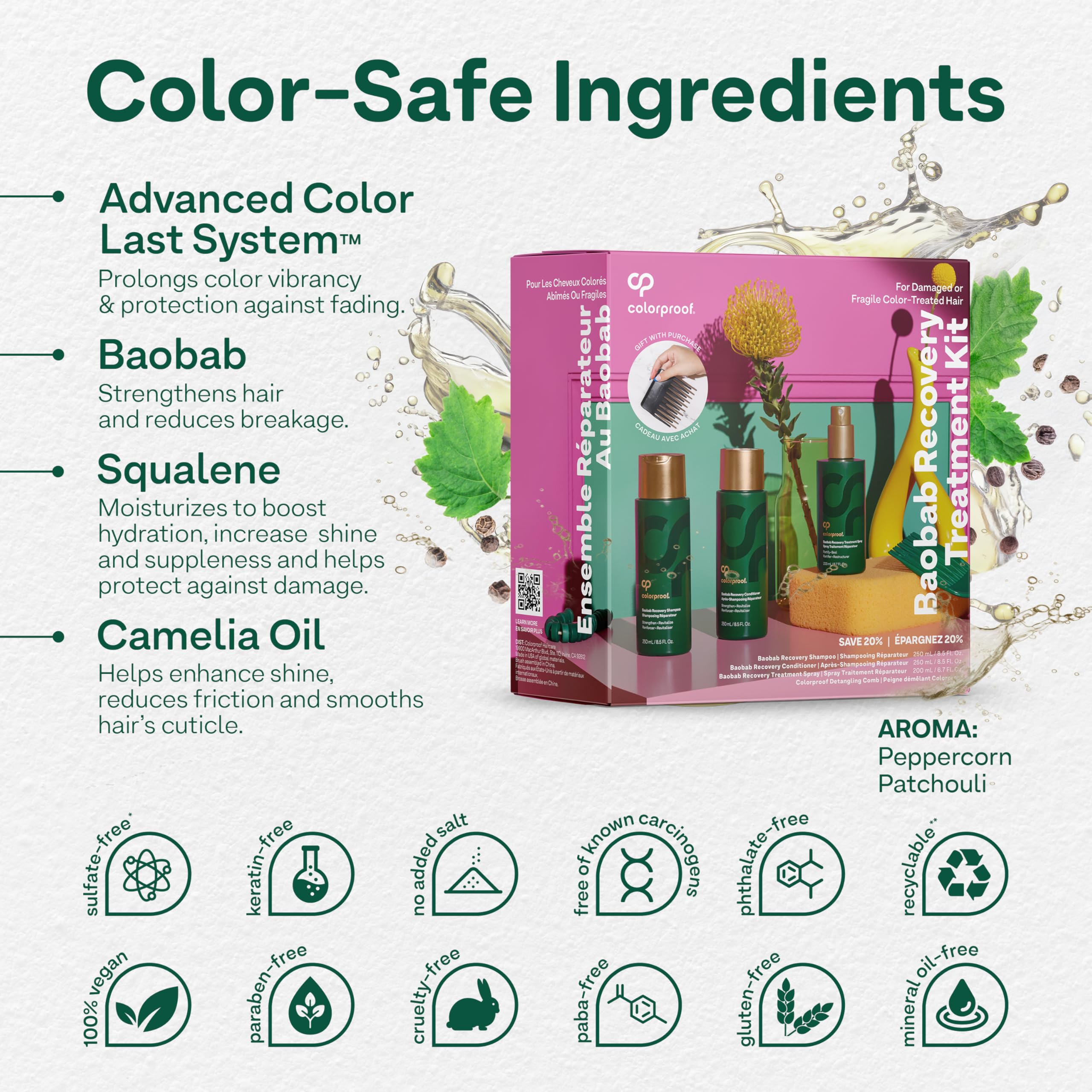 ColorProof Baobab Recovery Hair Kit - Repairing Shampoo & Conditioner Set (8.5 Fl Oz) with Hair Treatment Spray (6.7 Fl Oz) - Damaged Hair Repair & Color Protection for Dry, Brittle Hair - Perfect for Salon Treatments & Home Hair Care