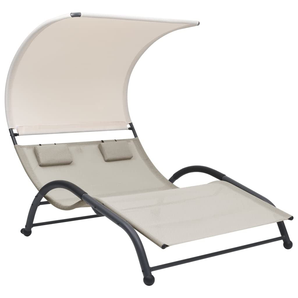 Premium Outdoor Lounge Chair with Canopy - Textilene Cream Chaise Lounge for Patio, Lawn, Poolside & Backyard | Heavy-Duty Sun Lounger for Camping, Beach, Lakeside Relaxation | Weather-Resistant Patio Furniture for Ultimate Comfort