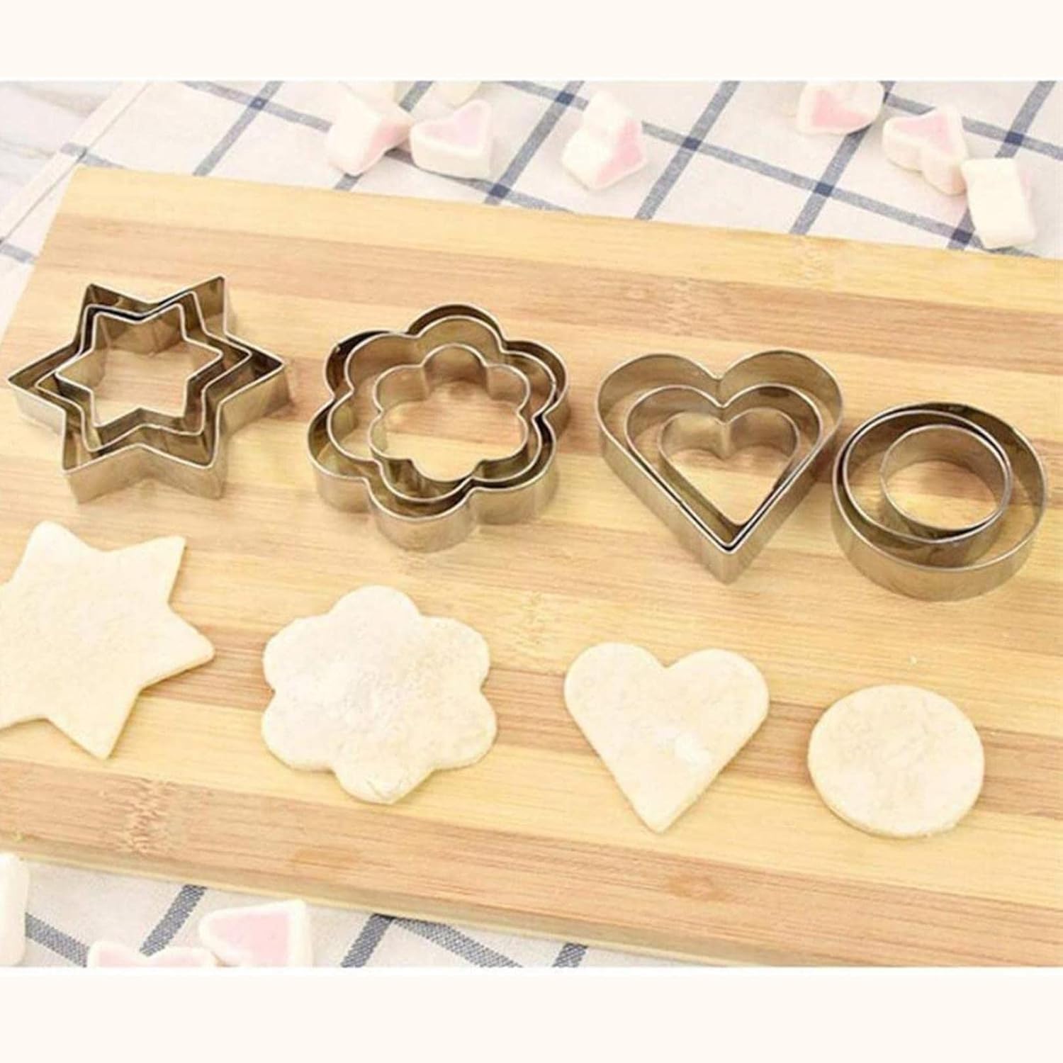 InfiSoul 12-Piece Stainless Steel Cookie Cutter Set - 4 Shapes, 3 Sizes with Embossing Mold for Baking, Cooking, Bread & Sandwich Making - Perfect for Kids, Home Kitchen & Holiday Cookie Decorating