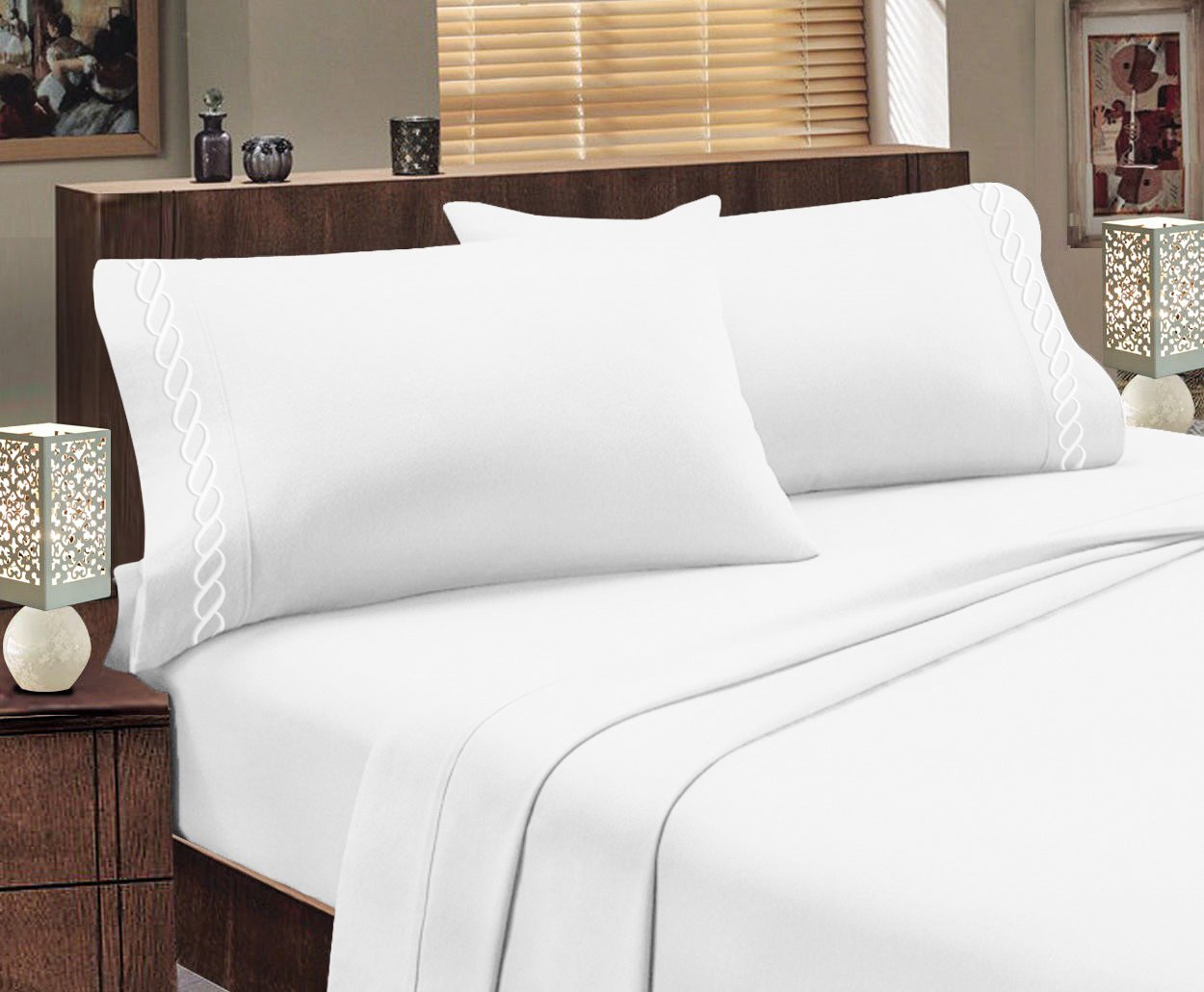 Premium Greek Design Ultra Soft Egyptian Cotton Embroidered Sheet Set - Queen Size, White - Luxury Bedding for Comfortable Sleep & Elegant Home Decor