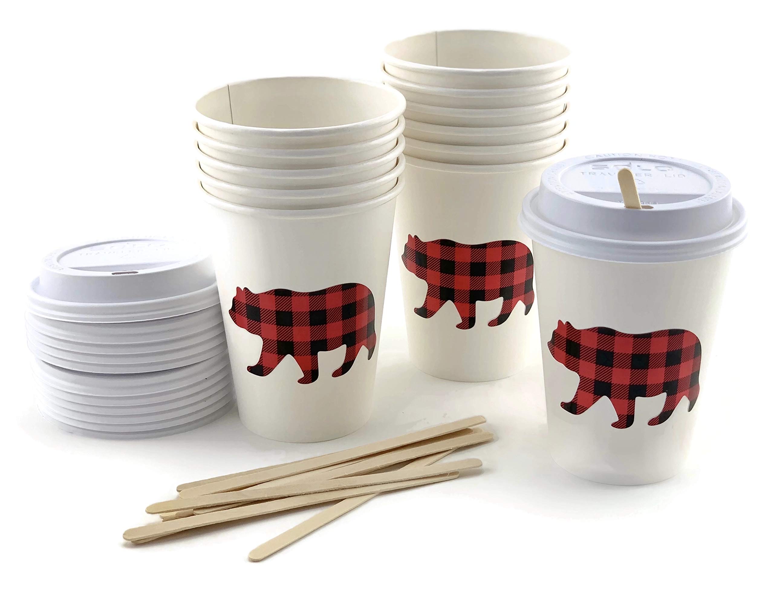 Buffalo Plaid Bear Lumberjack Party Paper Cups with Lids and Stirrers - 12 Pack Disposable Cups for Christmas, Camping, BBQ, and Outdoor Gatherings