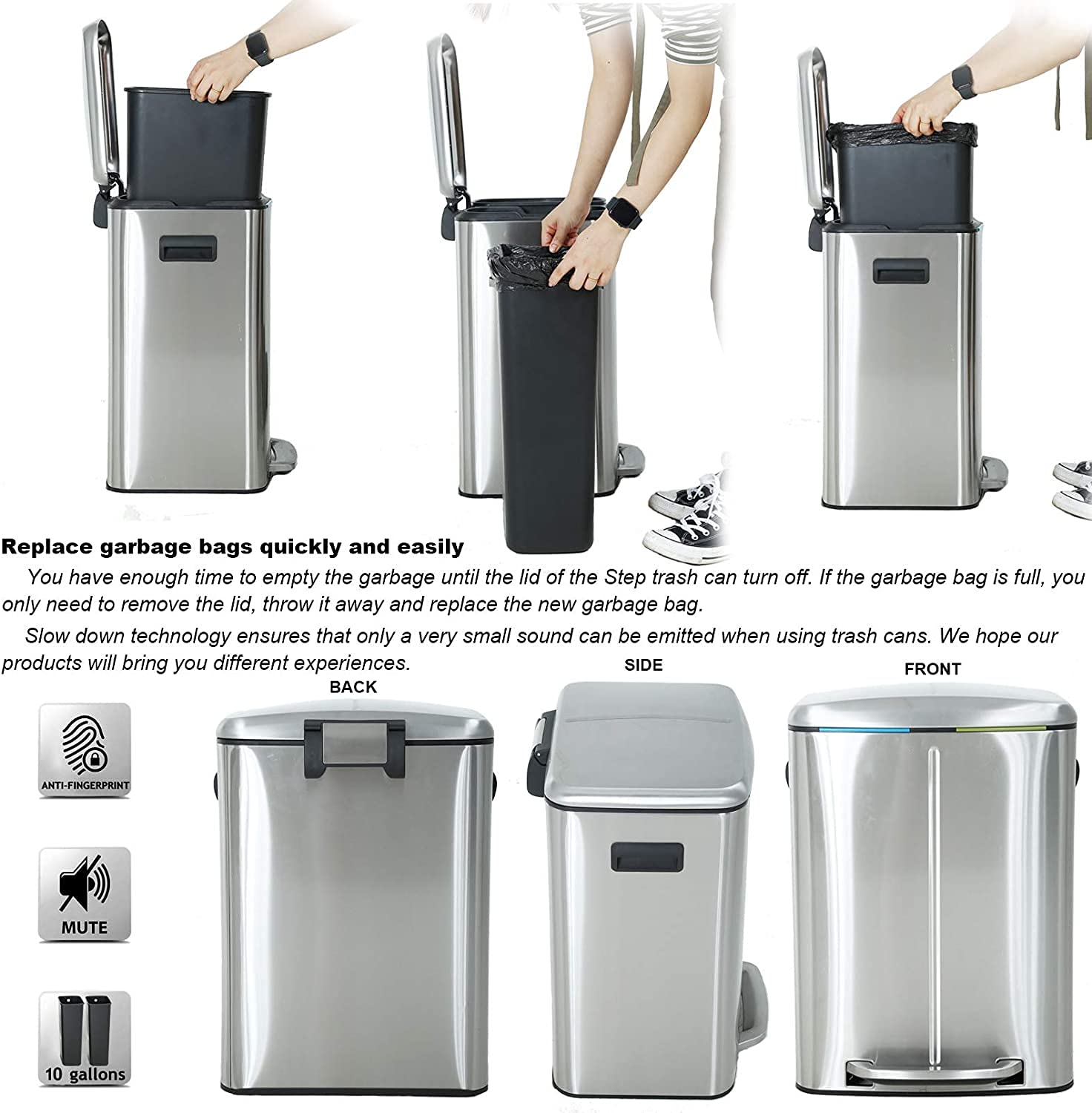 10 Gallon (40L) Stainless Steel Trash Can with Lid - 2 Removable Liner Buckets for Kitchen, Office & Home Use | Step Pedal Waste Bin, Large Recycling Garbage Container for Waste Management & Organization