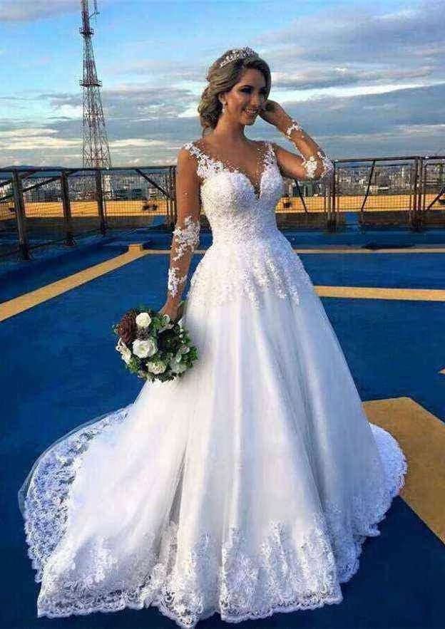 Elegant A-Line Lace Wedding Dress with Long Sleeves & Beaded Details - Floor Length Bridal Gown for Bride - Perfect for Church Ceremonies, Beach Weddings & Formal Receptions
