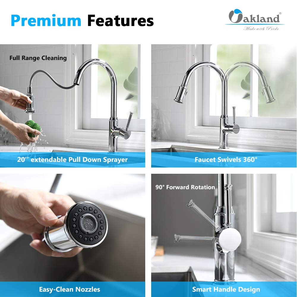 High Arc Single Handle Kitchen Faucet with Pull Down Sprayer - Chrome & Oakland Bronze Finish - Spot Free Brass Faucet for Sink (1 Hole Installation, 2 Spray Modes KSK1124) - Perfect for Modern Kitchens & Food Prep Stations