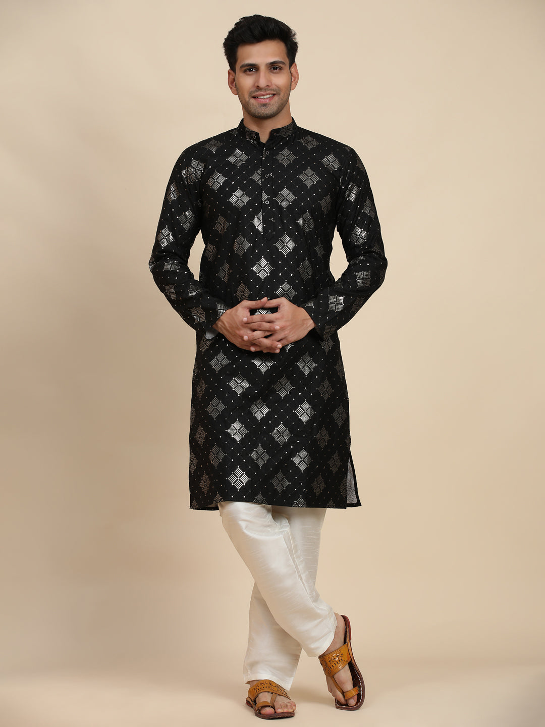 Men's Black Ready-Made Kurta Pajama with Designer Embroidery - Traditional Indian Outfit for Festivals, Weddings & Special Occasions