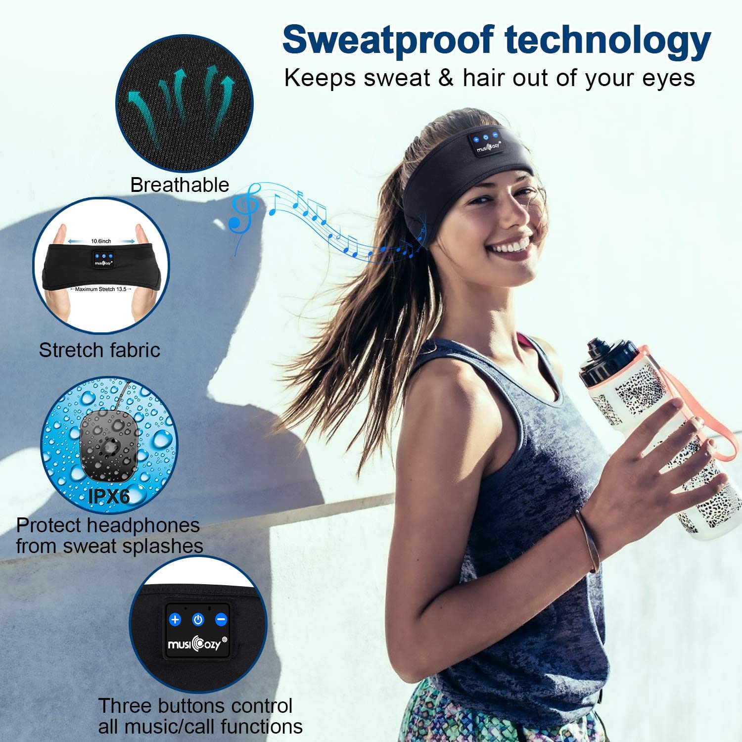 Musicozy Bluetooth Sleep Headphones Wireless Headband with Ultra-Thin HD Stereo Speakers - Comfortable for Sleeping, Insomnia Relief, Workout, Jogging, Yoga & Nighttime Relaxation
