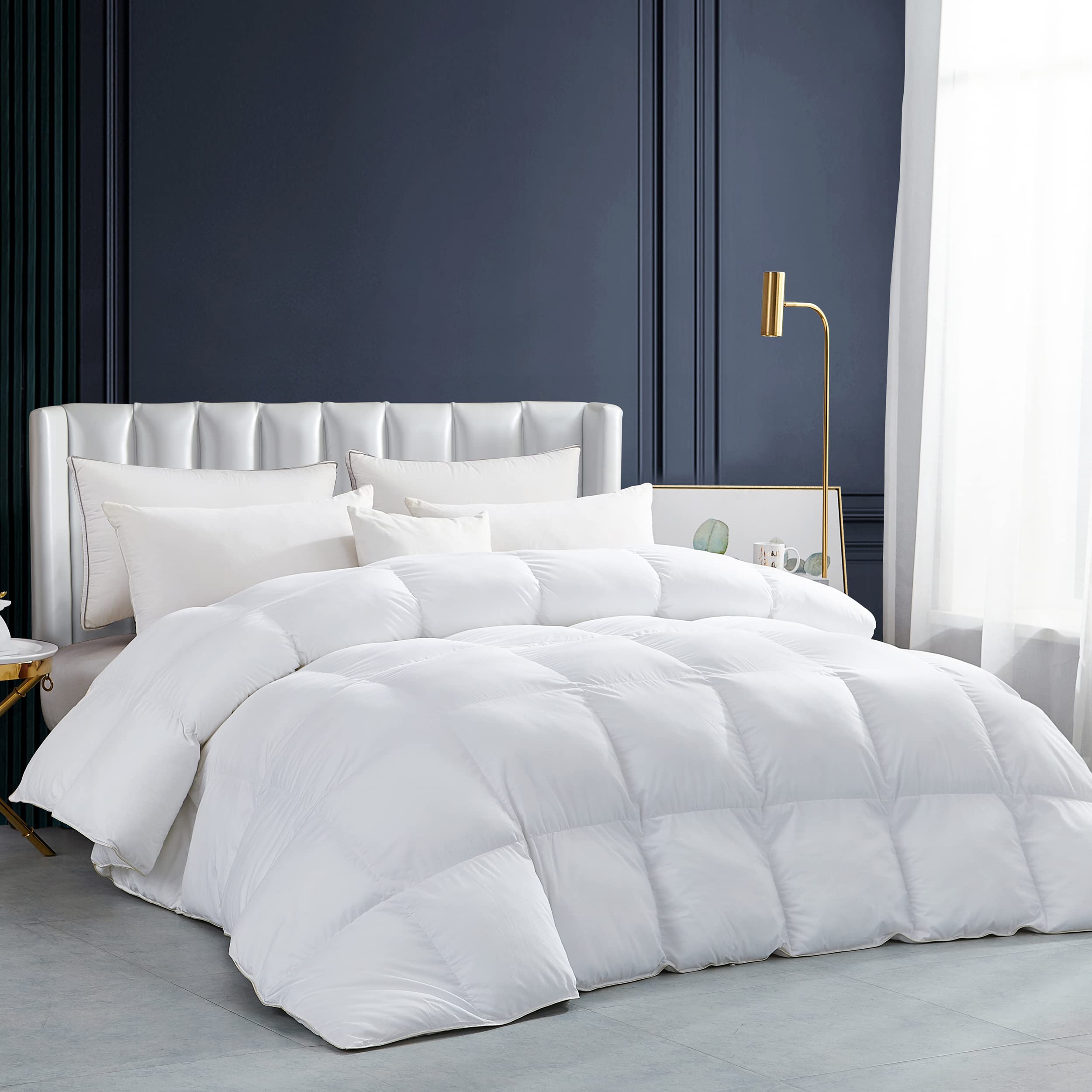 Premium King Size Goose Feather Down Comforter - 100% Egyptian Cotton Cover - 75oz Heavyweight Winter Warmth - White Solid Luxury Bedding for Cold Weather - Perfect for Master Bedrooms & Cozy Winter Nights