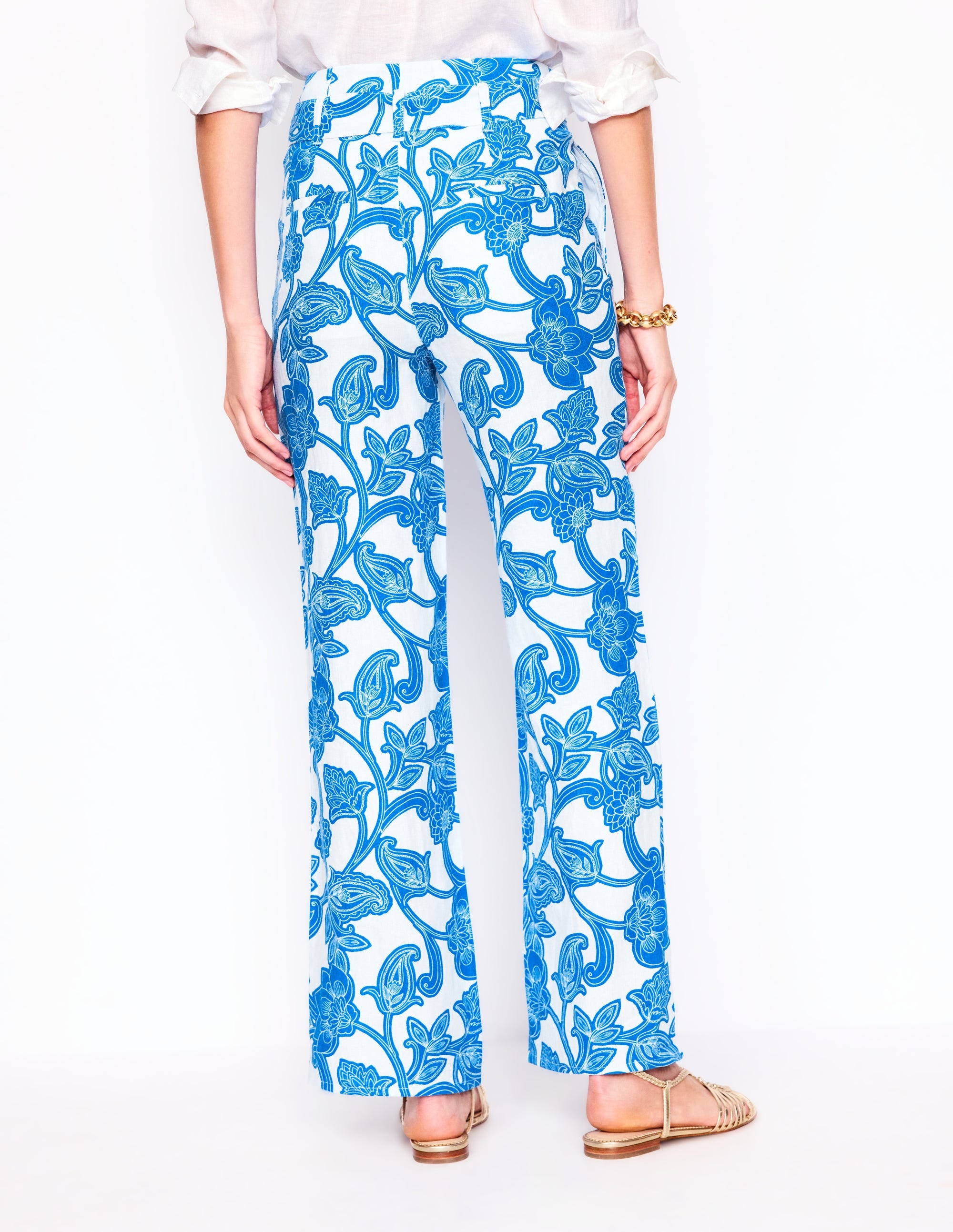 Cerulean Blue Belted Linen Pants with Paisley Whirl Design - Comfortable Summer Casual Wear for Women | Perfect for Beach, Vacation and Boho Style Outfits