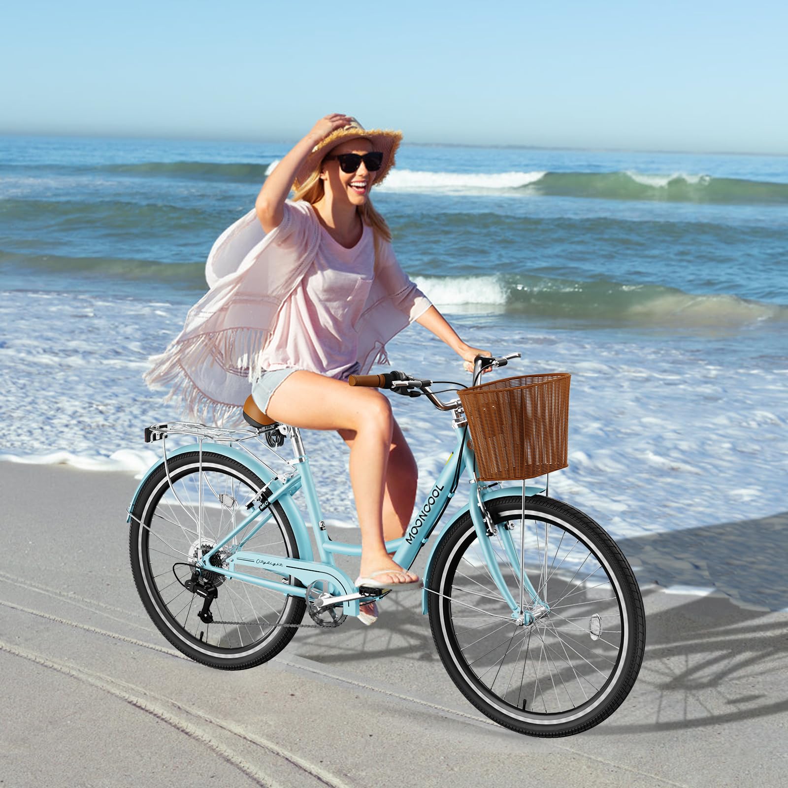 DoCred Women's 7-Speed Cruiser Bike - 24/26 Inch Step-Through City Bicycle with Rattan Basket & Rear Rack - Comfortable Commuter & Beach Cruiser for Women Adults - Perfect for Urban Riding, Weekend Errands & Coastal Leisure