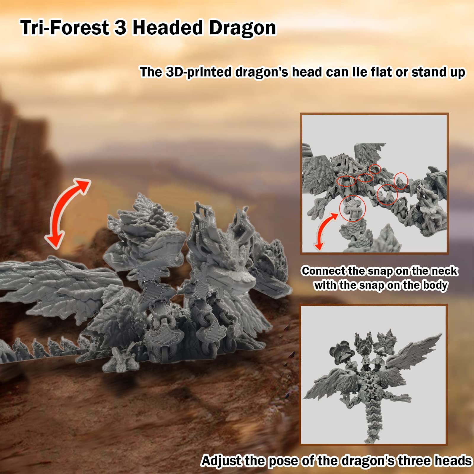 3D Printed Articulated Three-Headed Dragon Toy - Ancient Mythical Beast Monster with Deformable Joints, Anti-Anxiety Action Figure for Collectors (Joy Orange, 15.7 Inch) - Perfect for Home Decor, Stress Relief, and Fantasy Collections