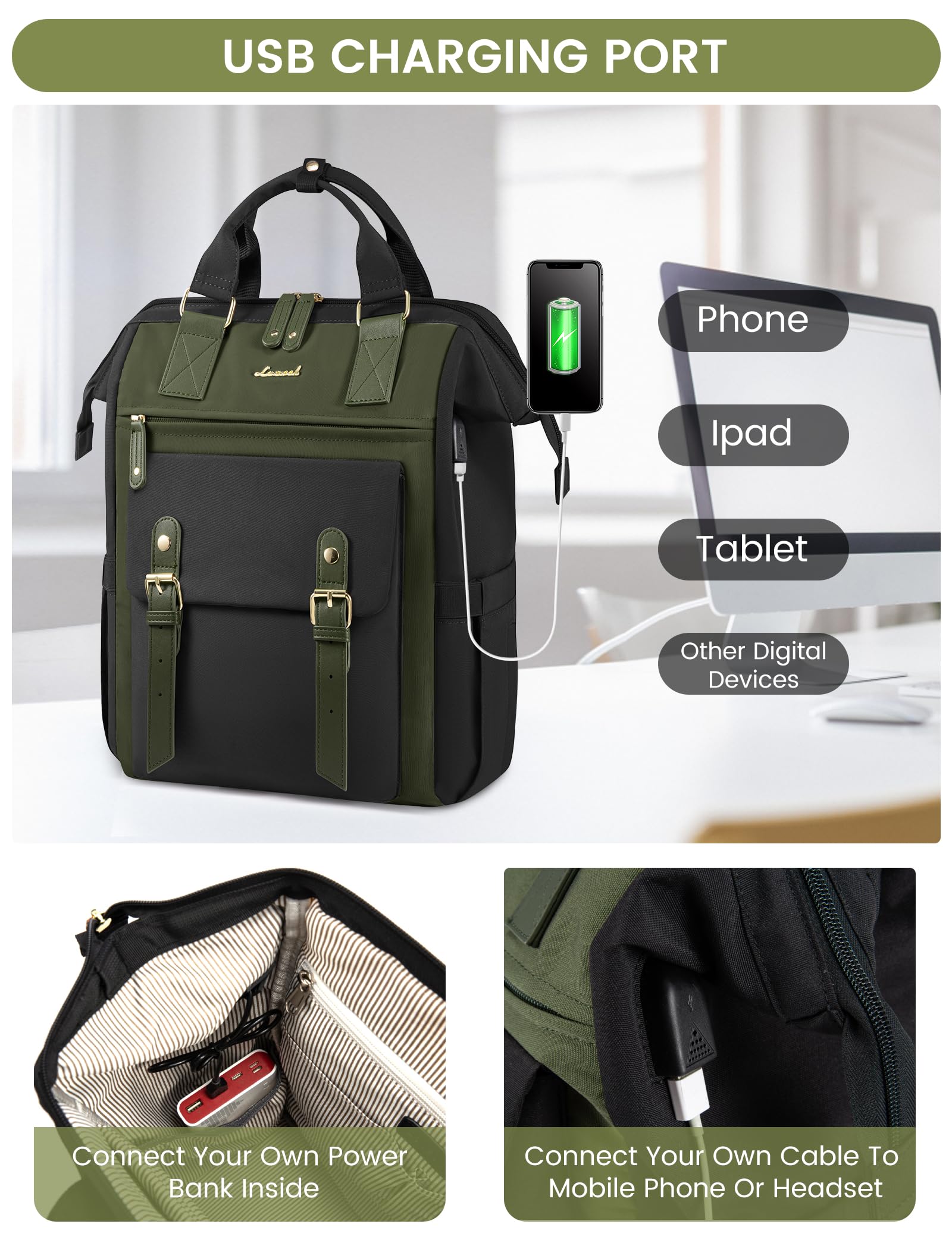 LOVEVOOK 15.6 Inch Laptop Backpack for Women - Waterproof Work Travel Backpack with Wide Opening, Professional Nurse Teacher Doctor Business Bag, College School Backpack (Black-Army Green) - Perfect for Office Commute, Business Trips & Campus Life
