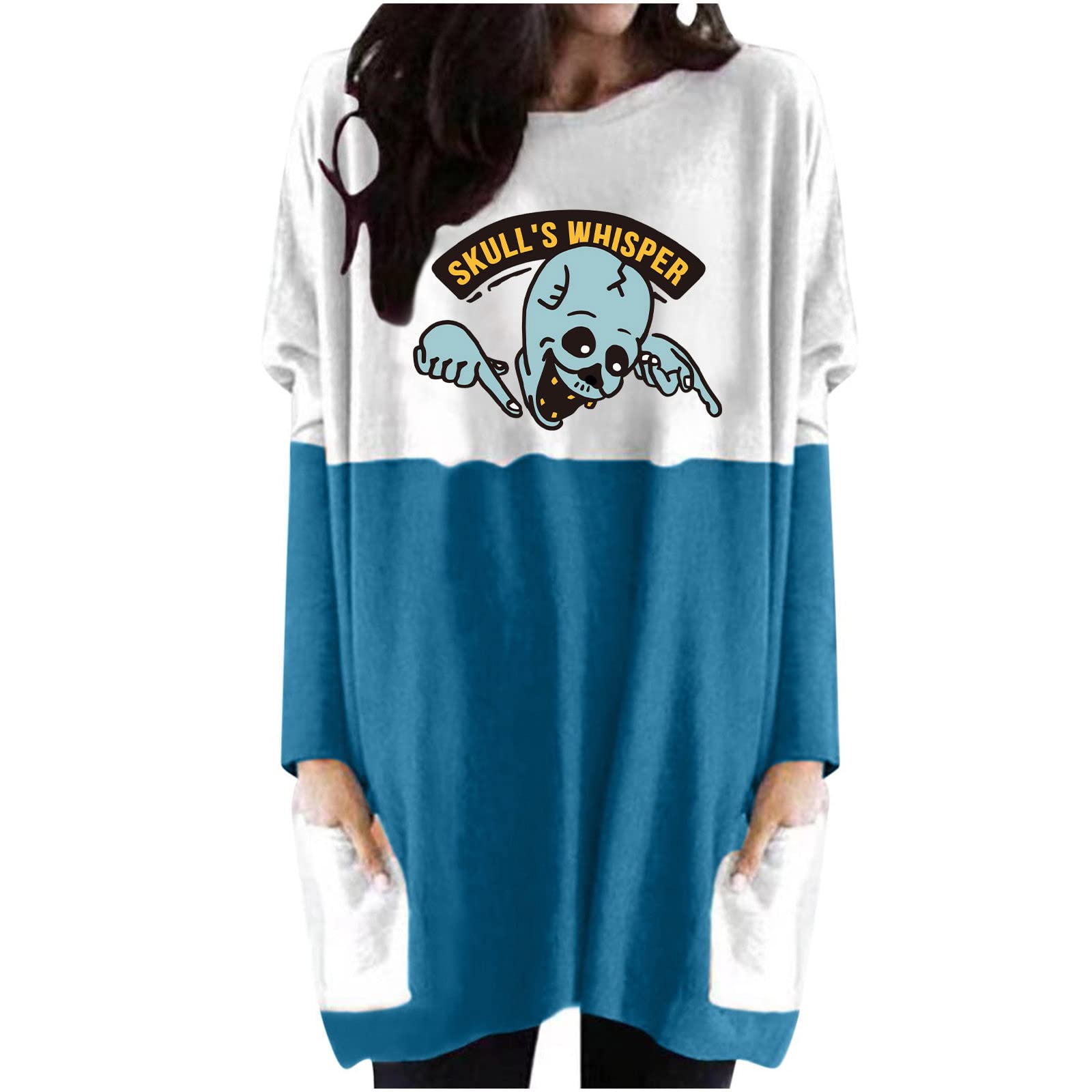 Borniu Women's Plus Size Halloween Printed Casual Long Sleeve T-Shirt Dress - Loose Tunic Style with Pockets for Fall Outfits & Holiday Parties