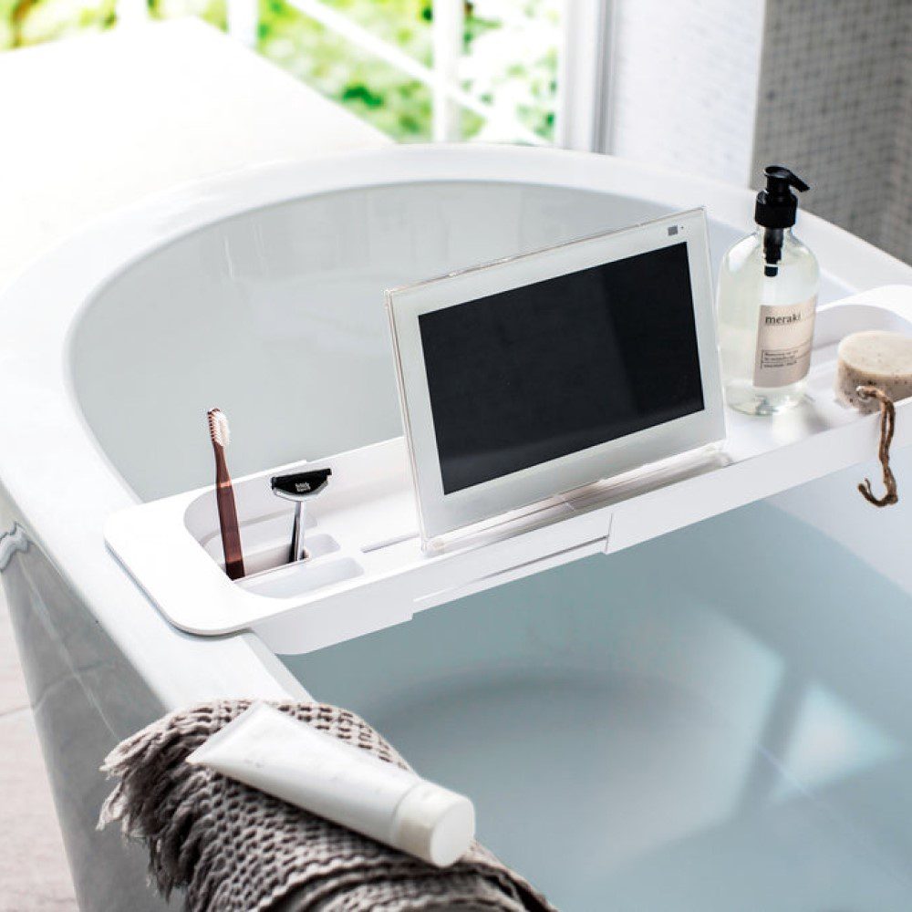 YAMAZAKI Adjustable Extendable Bathtub Tray - White | Bath Caddy for Relaxing with Book, Wine, or Tablet | Perfect for Spa Baths and Self-Care Moments