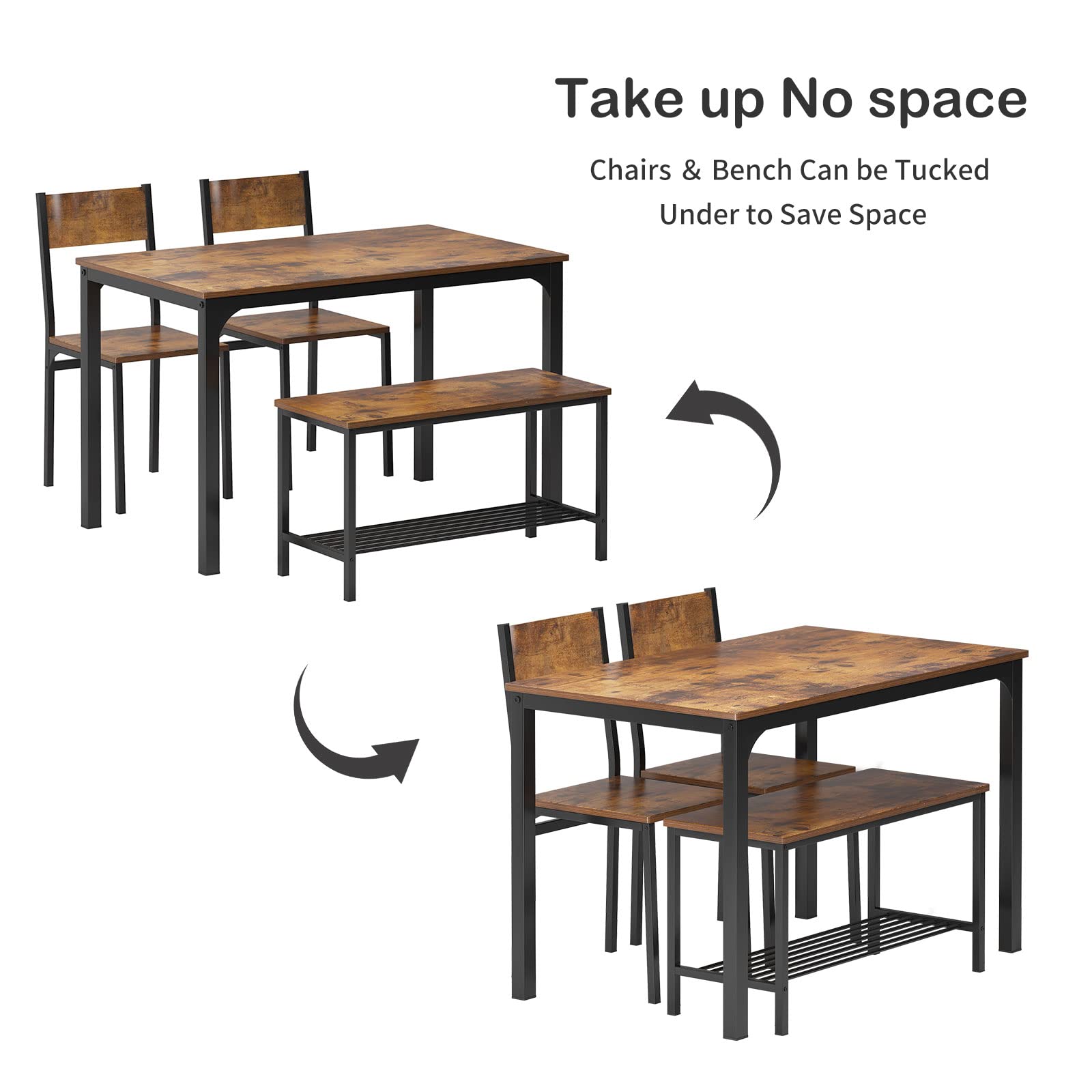Soges 4-Piece Dining Table Set with 2 Chairs & Storage Bench - 43.3 Inch Rustic Brown Kitchen Table for 4 - Space-Saving Nesting Furniture for Dining Room, Kitchen, Restaurant & Small Apartments - Perfect for Family Meals, Entertaining Guests & Compact Living Spaces