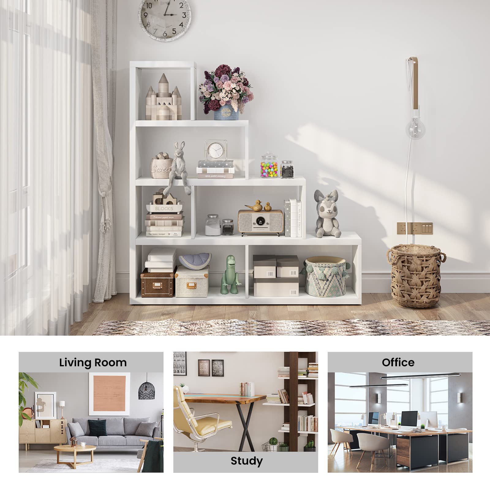 Tangkula 6-Cube Bookshelf - Freestanding L-Shaped Ladder Corner Bookcase, Wooden Storage Display Shelf for Living Room, Home Office, Bedroom - 61 x 11.5 x 64 Inches (White) - Perfect for Organizing Books, Decor & Small Items in Compact Spaces
