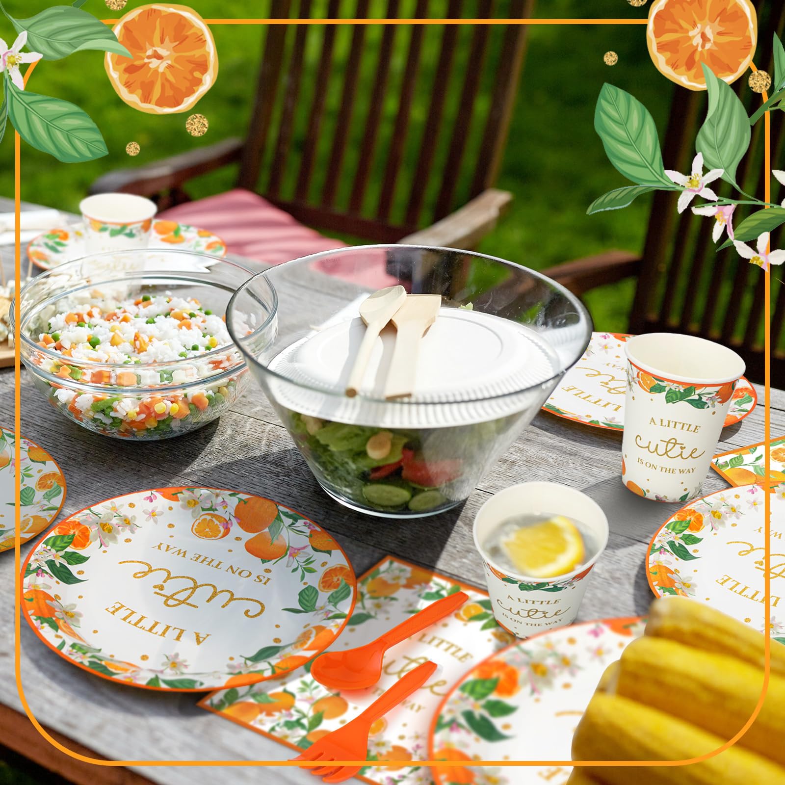 350-Piece Orange Little Cutie Baby Shower Party Supplies Set - Includes Dessert Plates, Napkins & Forks for 50 Guests - Perfect for Baby Shower, Gender Reveal & Birthday Celebrations - 