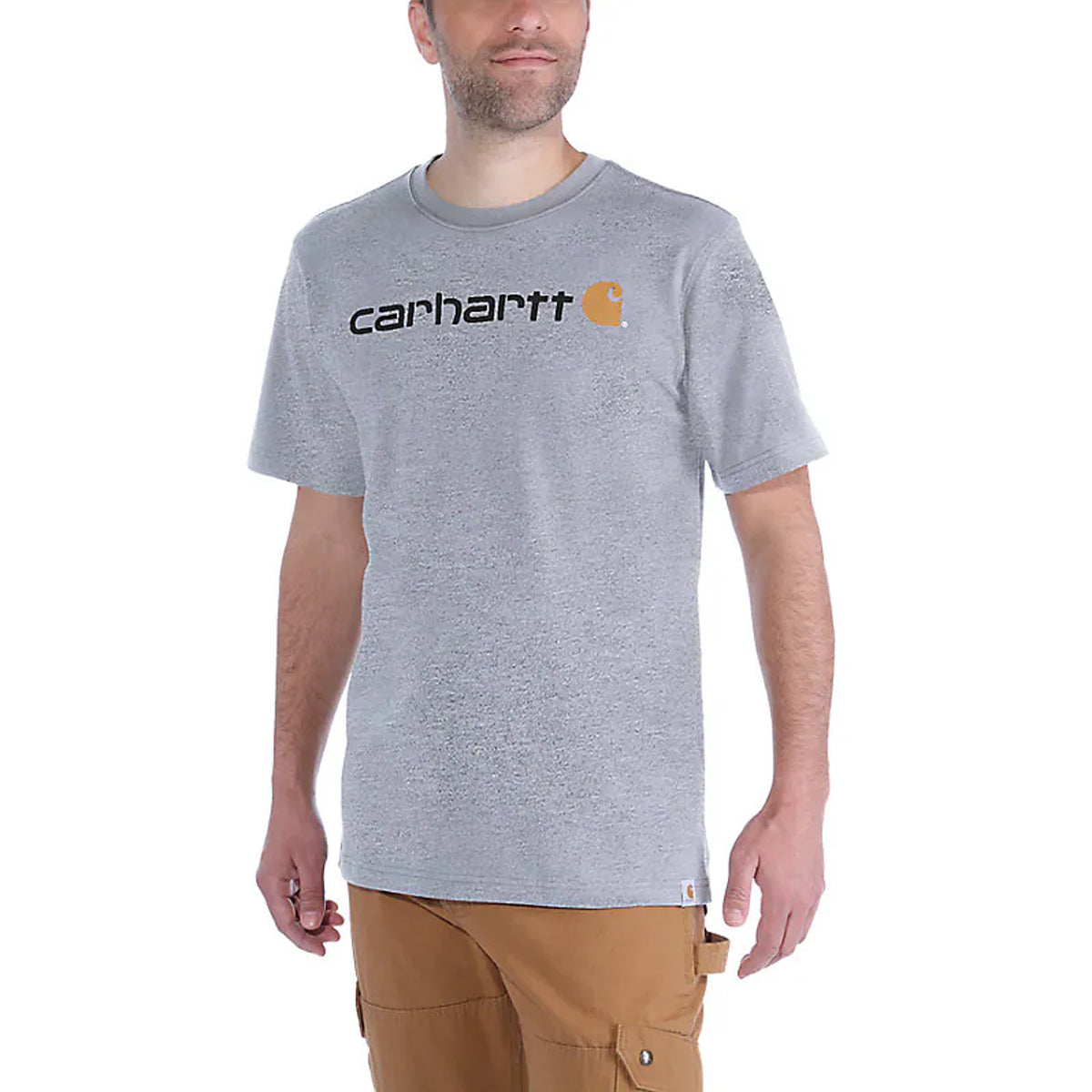 Carhartt Core Logo Heather Grey T-Shirt for Men - Comfortable Cotton Workwear Tee - 103361 HEATHER/GREY - Perfect for Construction, Outdoor Work & Casual Wear