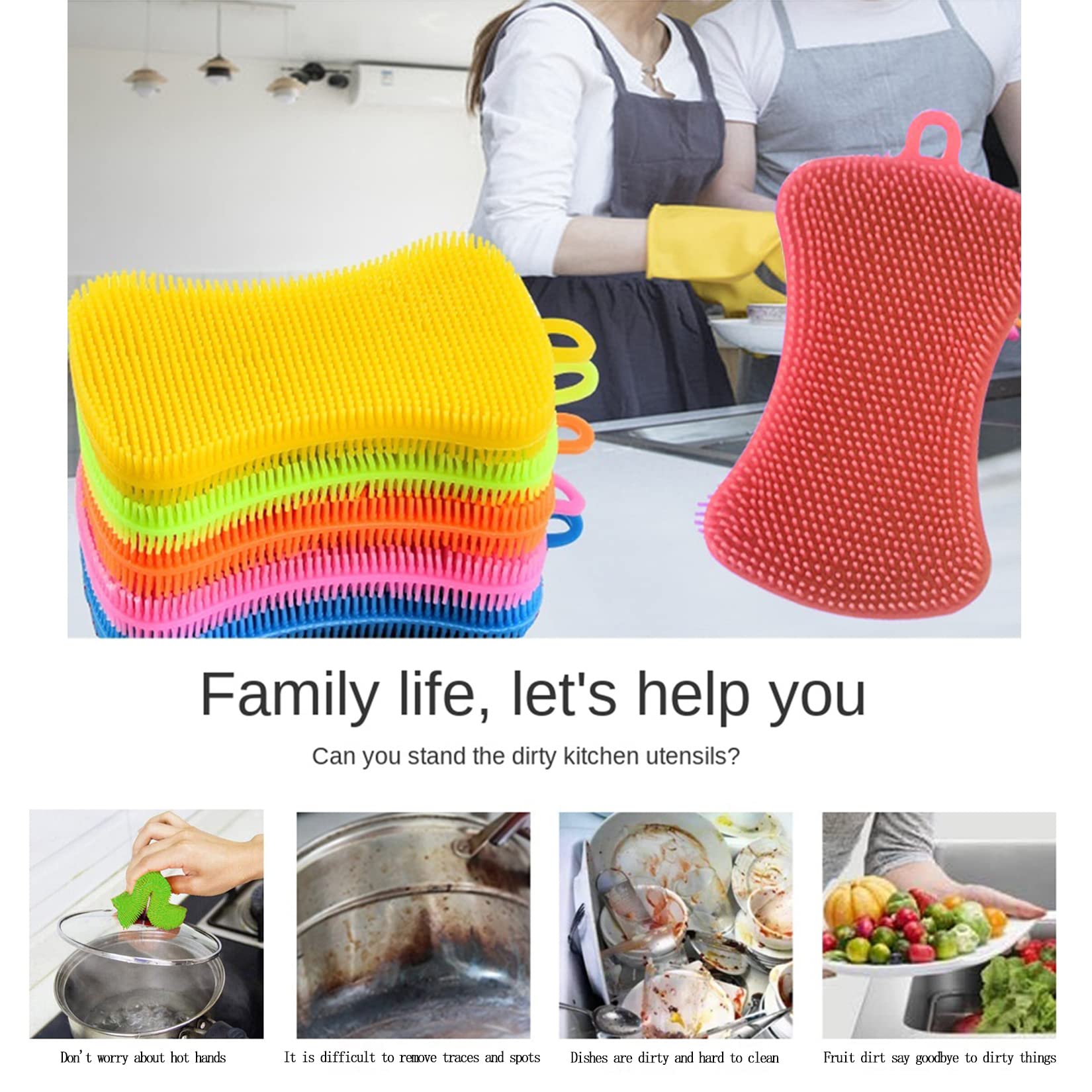 Non-Stick Silicone Dish Sponge Scrubber - 6 Pack Reusable Double-Sided Kitchen Cleaning Sponges for Washing Dishes, Fruits & Vegetables (Multicolor) - Perfect for Daily Kitchen Cleaning & Dishwashing Tasks