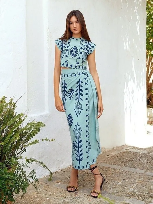 Elegant Women's Ethnic Embroidered Two Piece Skirt Set - Boho Chic Outfit for Summer, Festivals & Vacation | Floral Print Cotton Blend Skirt and Top Set for Casual Wear, Beach & Special Occasions