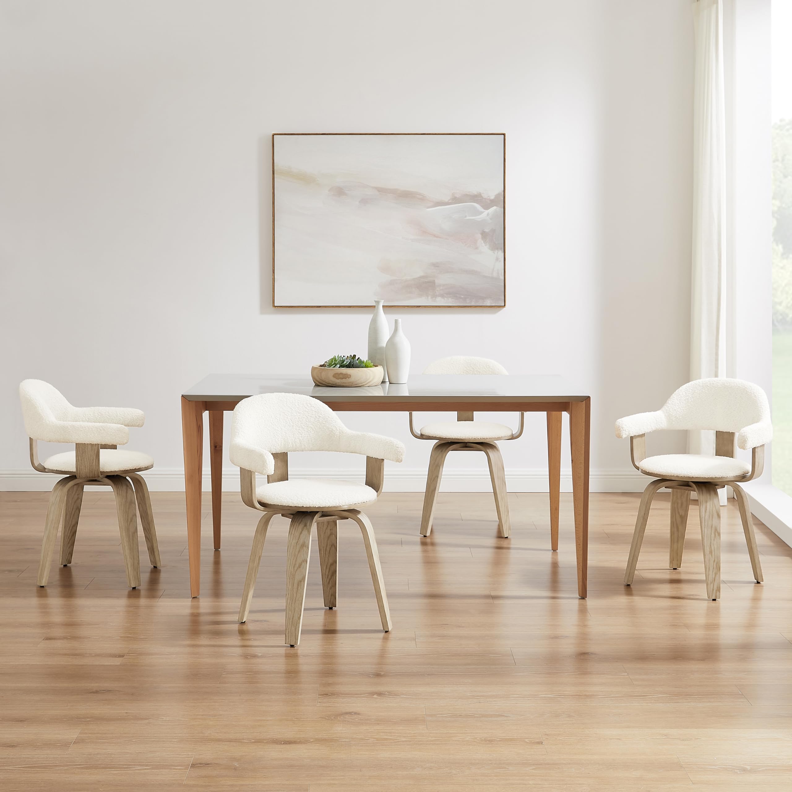 Art Leon Mid Century Modern Swivel Accent Chair - No Wheels Desk Chair with Boucle Fabric & Wood Legs for Home Office, Living Room or Bedroom - White | Perfect for Workspaces, Reading Nooks & Cozy Home Decor