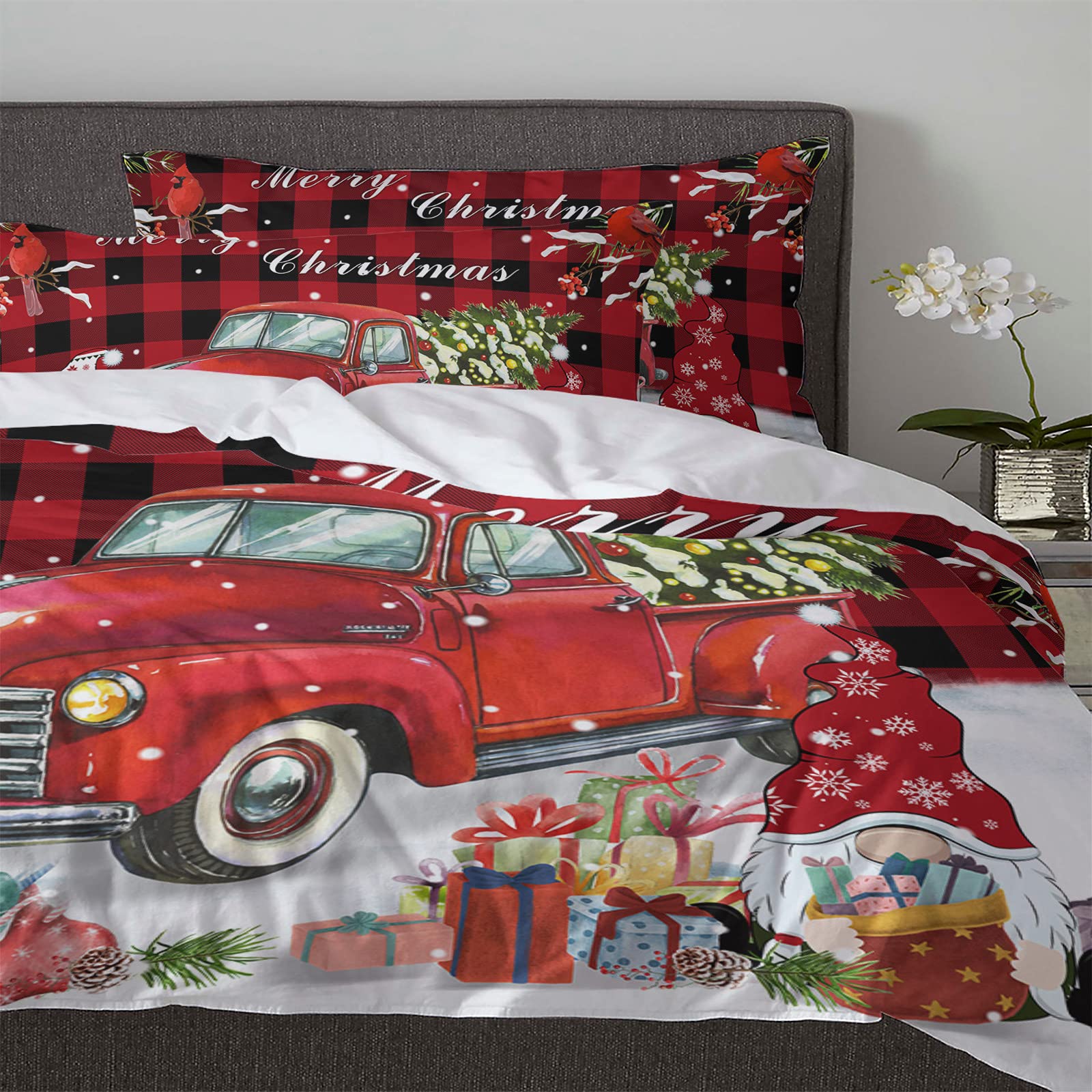 3-Piece Christmas Gnome Truck Duvet Cover Set Queen - Red Buffalo Plaid Cardinals Design with 2 Pillowcases - Cozy Holiday Bedding for Kids, Teens & Adults - Perfect for Winter Bedrooms, Guest Rooms & Christmas Decorations