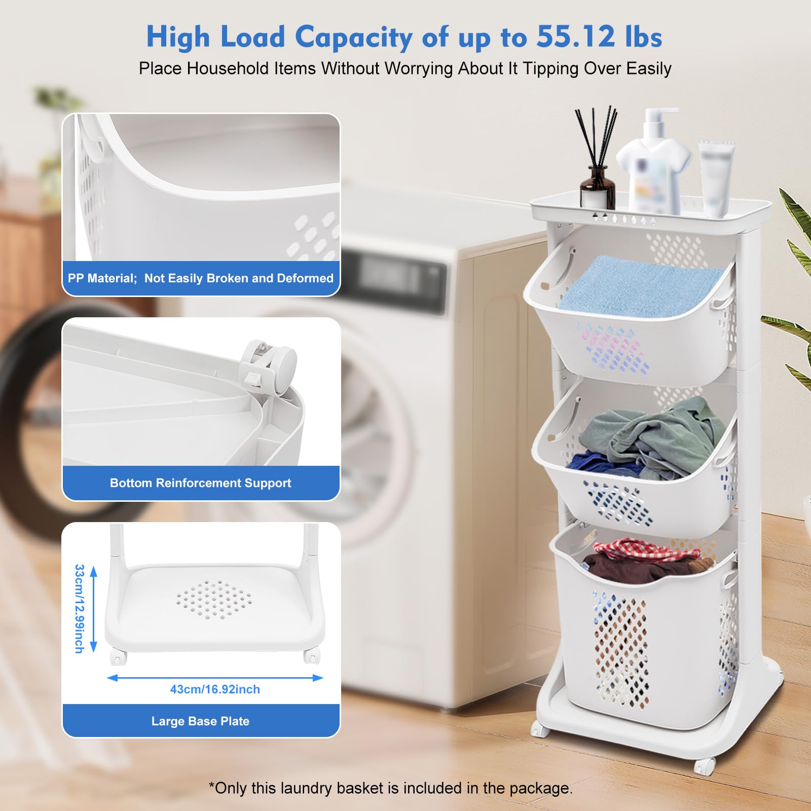 Large Rolling Laundry Basket Tower with Wheels - 17 x 13 x 43 Inch Multifunctional Plastic Storage Organizer for Laundry Room, Bedroom & Closet | Space-Saving Laundry Hamper with Easy Mobility