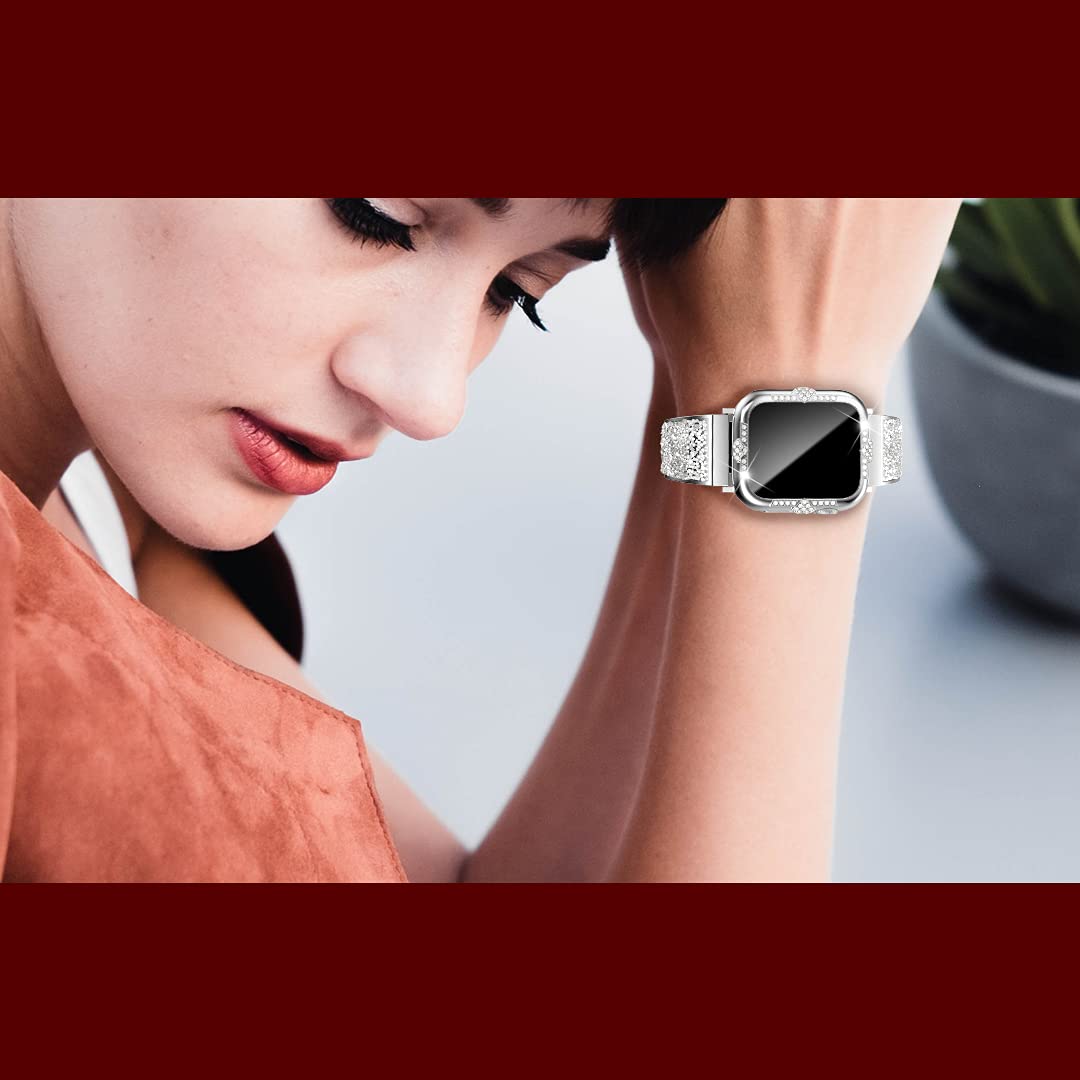 Hard Case for Apple Watch Series 8/7 41mm - Rhinestone Protective Cover with Built-in Glass Screen Protector - Diamond iWatch Face Cover for Women - Silver (Ideal for Workouts, Parties & Everyday Wear)