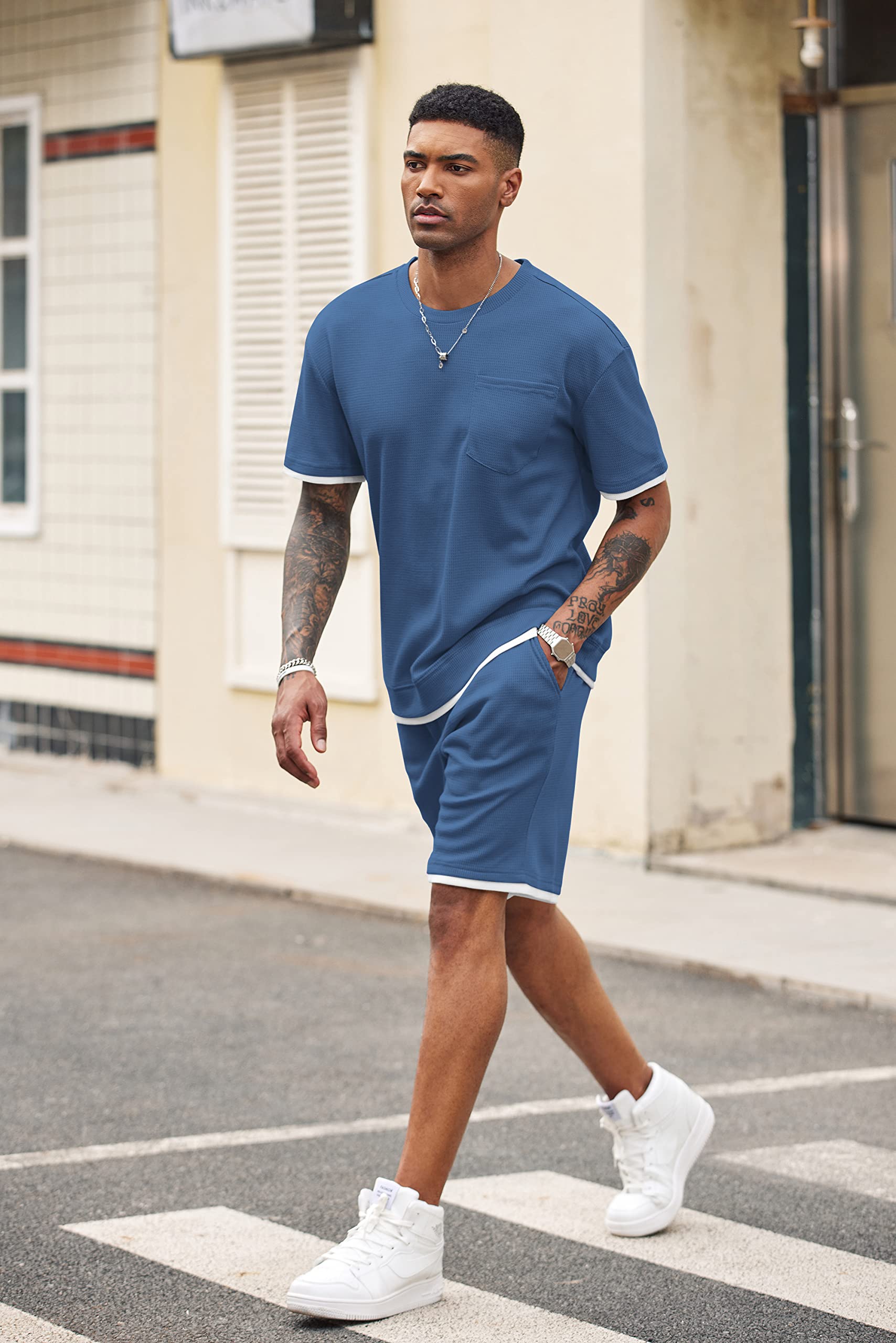 COOFANDY Men's Waffle Knit Shirt and Shorts 2-Piece Lounge Set - Breathable Summer Casual Outfit with Pockets for Home, Gym, and Outdoor Activities