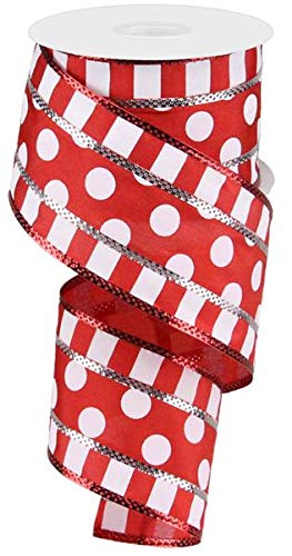 Polka Dot and Striped Wired Edge Ribbon - 10 Yards Red & White 2.5 Inch Width for Gift Wrapping, DIY Crafts, and Party Decorations