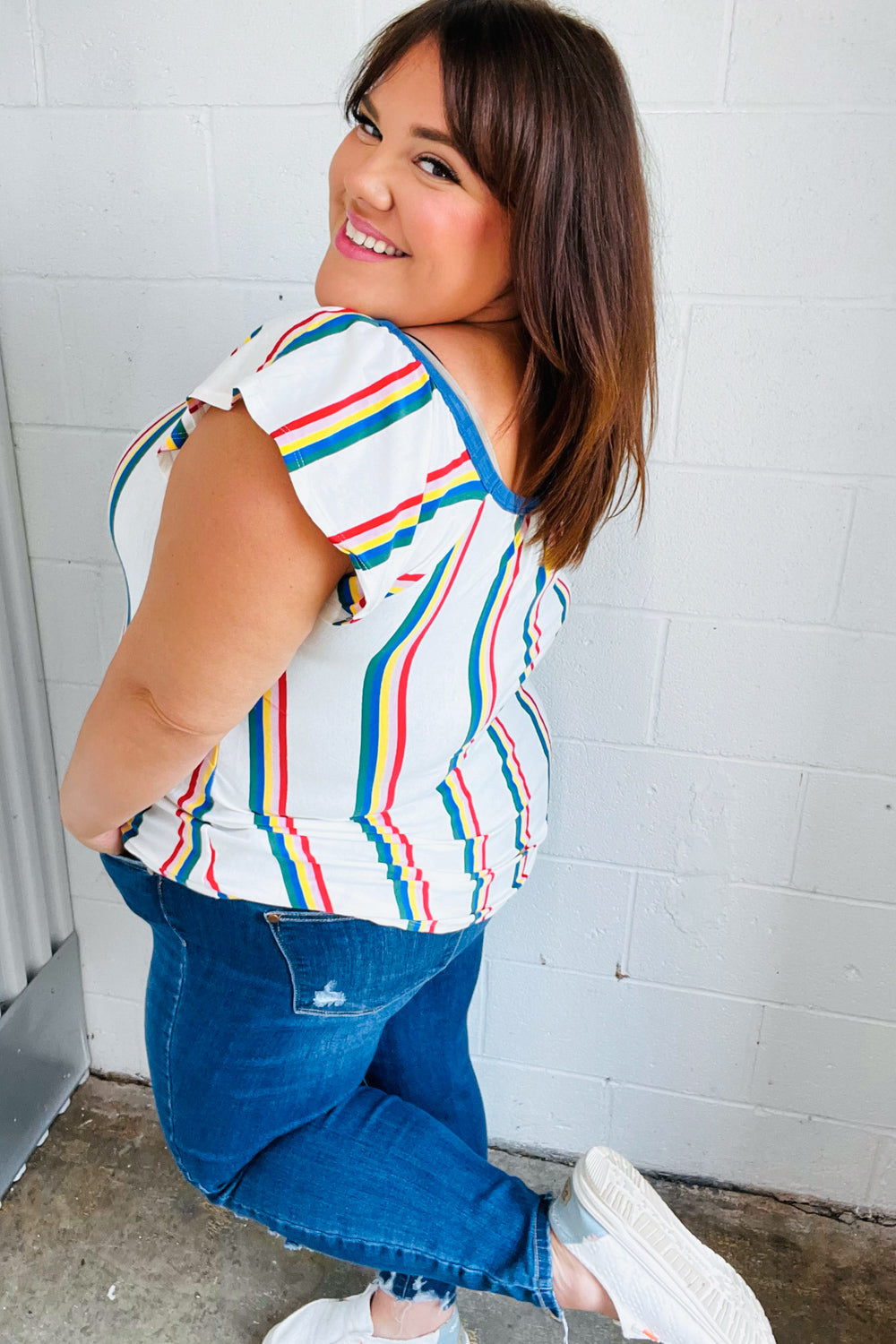 Stylish Multicolor Striped Raglan Flutter Sleeve Top for Women - Casual & Boho Chic Outfit for Summer, Beach, and Music Festivals