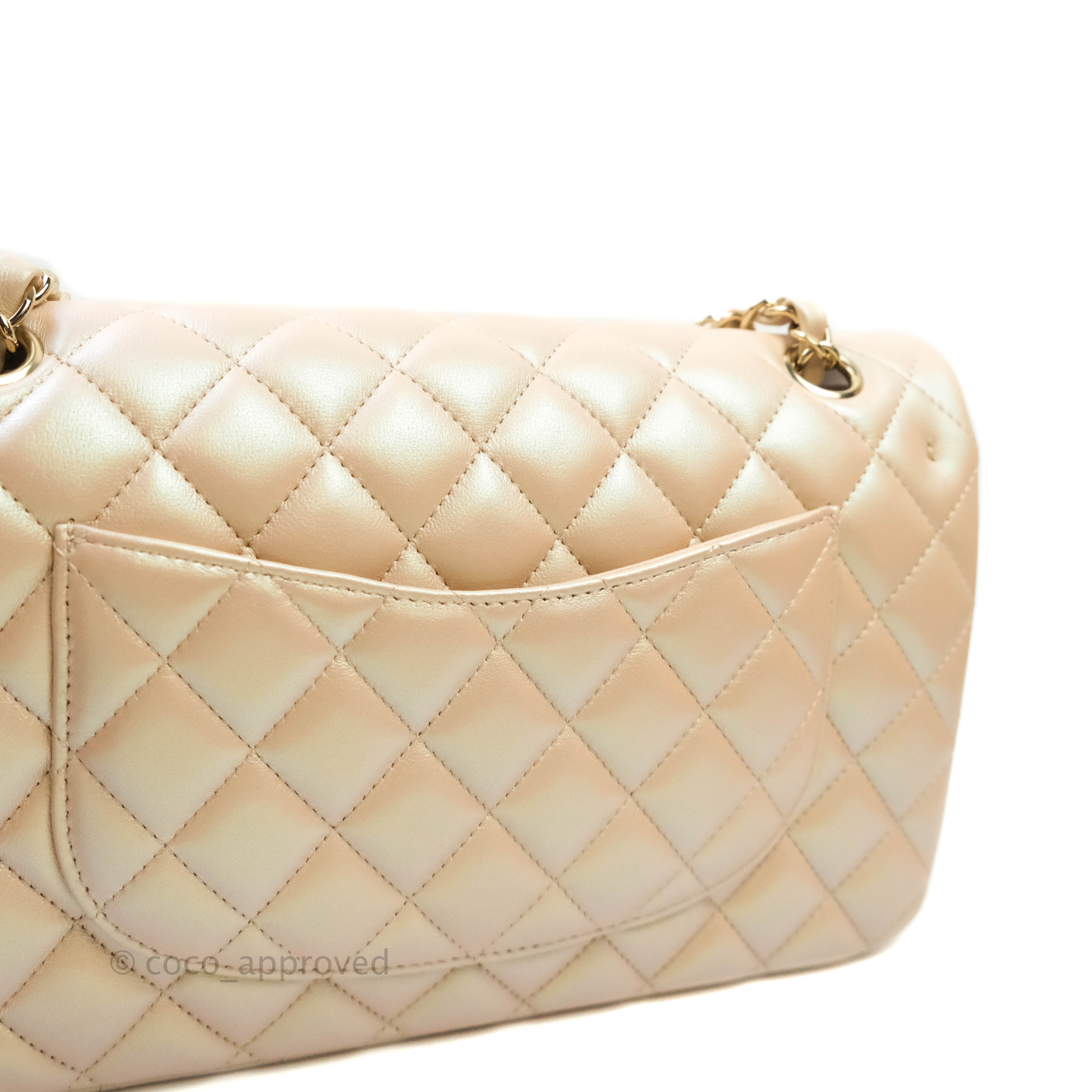 Chanel Classic Medium Double Flap Bag in Iridescent Beige Calfskin with Gold Hardware 21S Collection - Perfect for Luxury Everyday Use & Special Occasions