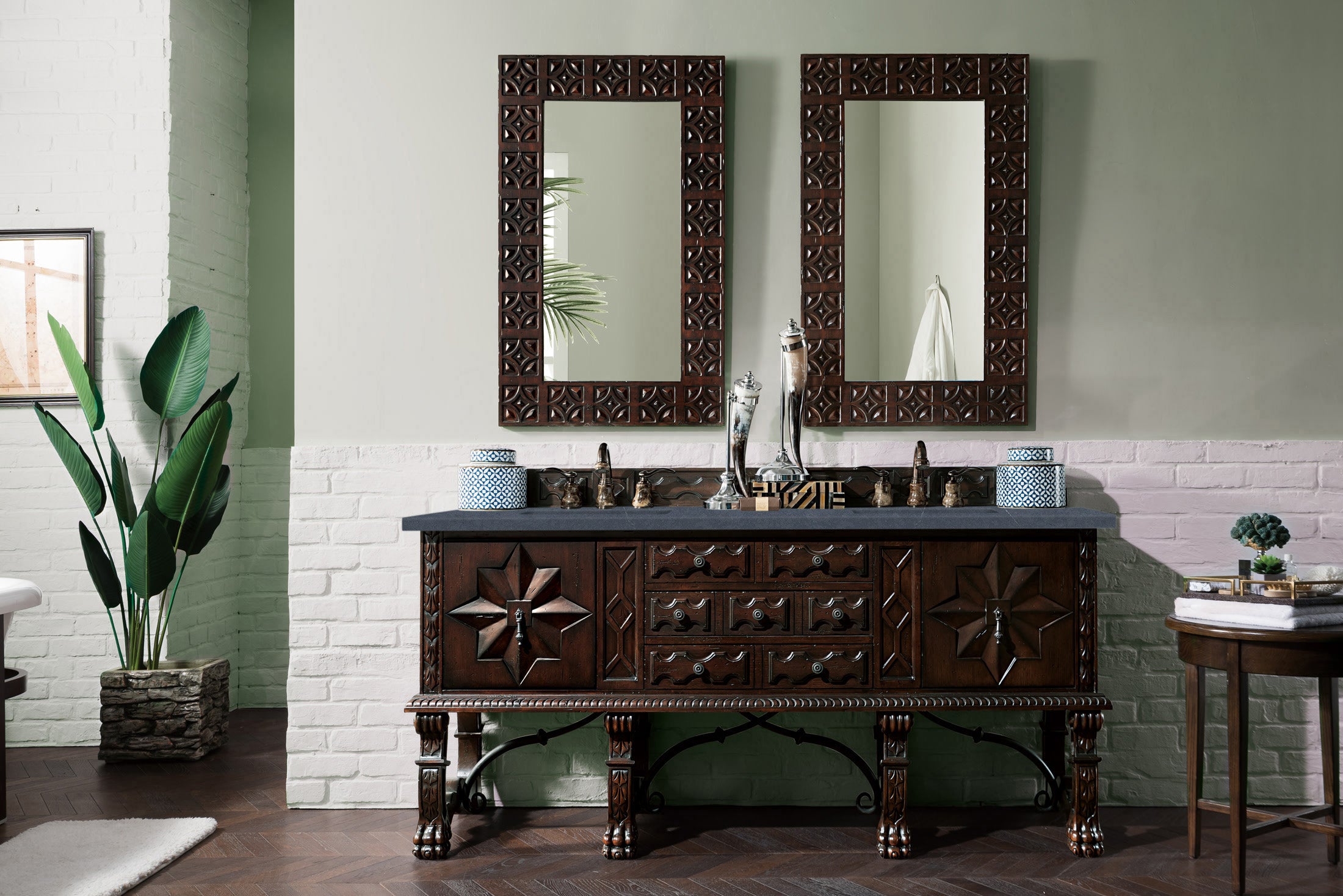 Balmoral 72-Inch Double Vanity Bathroom Cabinet with 3CM Charcoal Soapstone Quartz Top - Antique Walnut Finish for Modern & Traditional Bathrooms