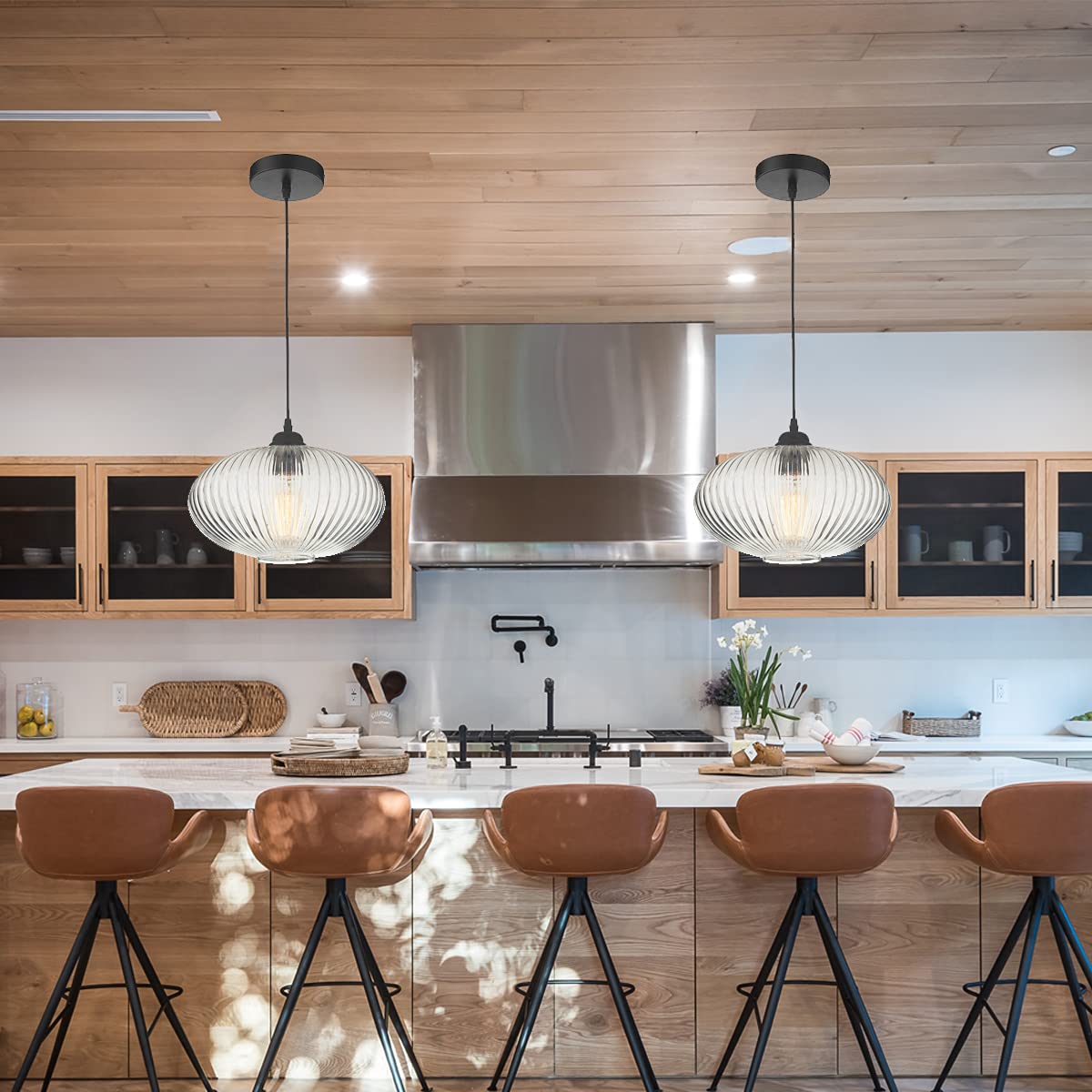 Modern Glass Pendant Light Fixture - 1-Light Contemporary Hanging Chandelier for Dining Room, Kitchen Island & Living Room Decor