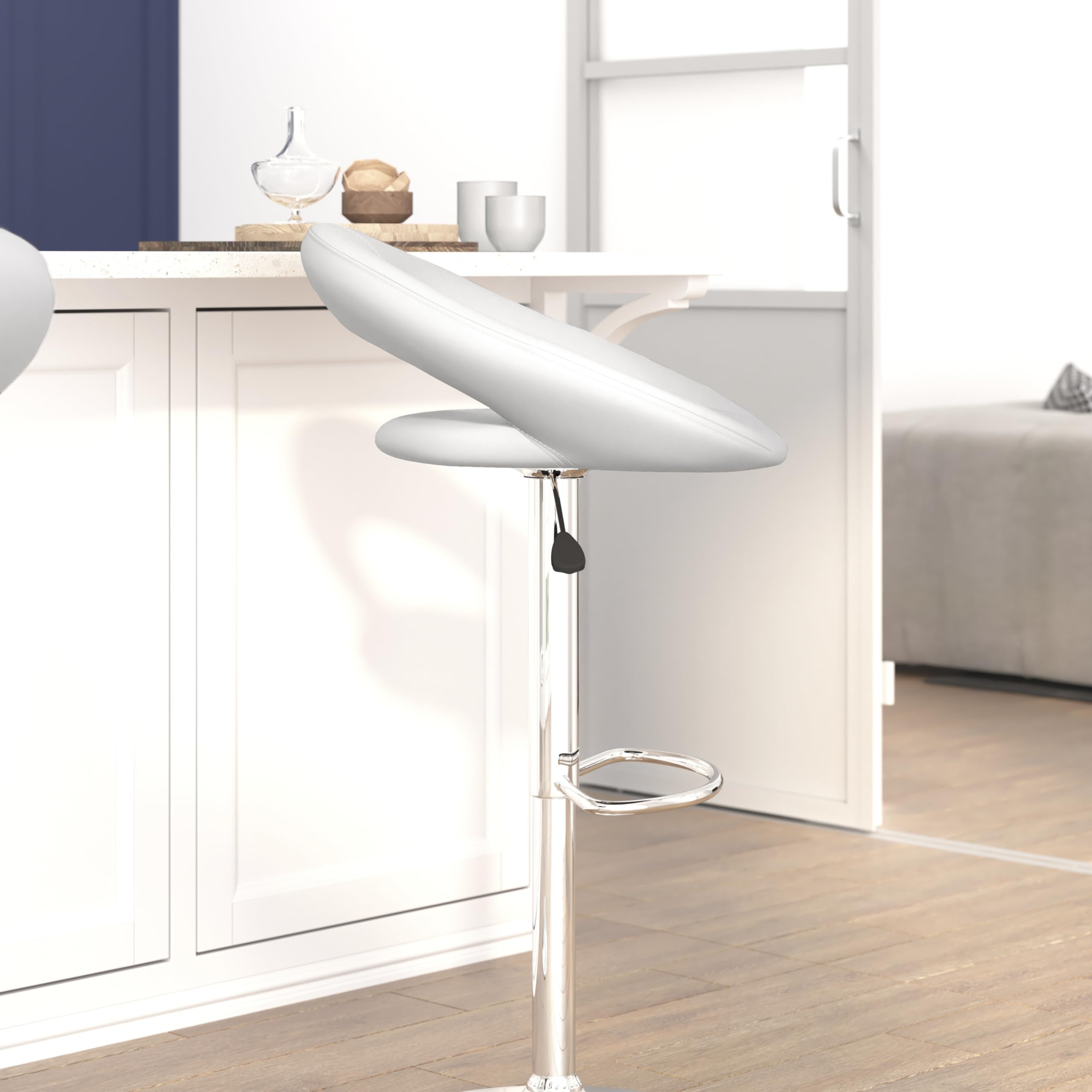 Flash Furniture Anthony 2-Pack White Vinyl Adjustable Height Bar Stools with Chrome Base - Modern Orbit-Style Back Design for Kitchen Island, Breakfast Bar & Home Decor